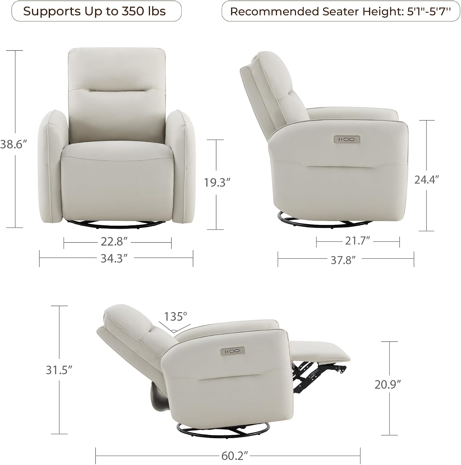 CHITA Faux Leather Power Recliner Chair, Swivel Glider Recliner for Adults, Nursery Rocking Chair with USB & Type-C Charging for Living Room, Bedroom, Creamy Grey