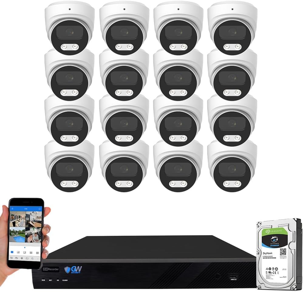 GW Security 16 Channel 12MP NVR 4K Security Camera System with 16 x 8MP PoE Spotlight Color Night Vision Outdoor/Indoor Microphone Dome Cameras, Smart AI Human/Vehicle Detection
