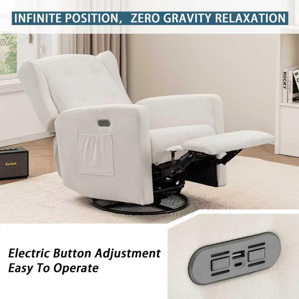 Ketaiyou Power Swivel Rocking Recliner Chair, High Back Electric Rocker Nursery Glider Chair, USB and Type-C Ports, Upholstered Fabric Reclining Single Sofa Chair for Living Room (Beige)