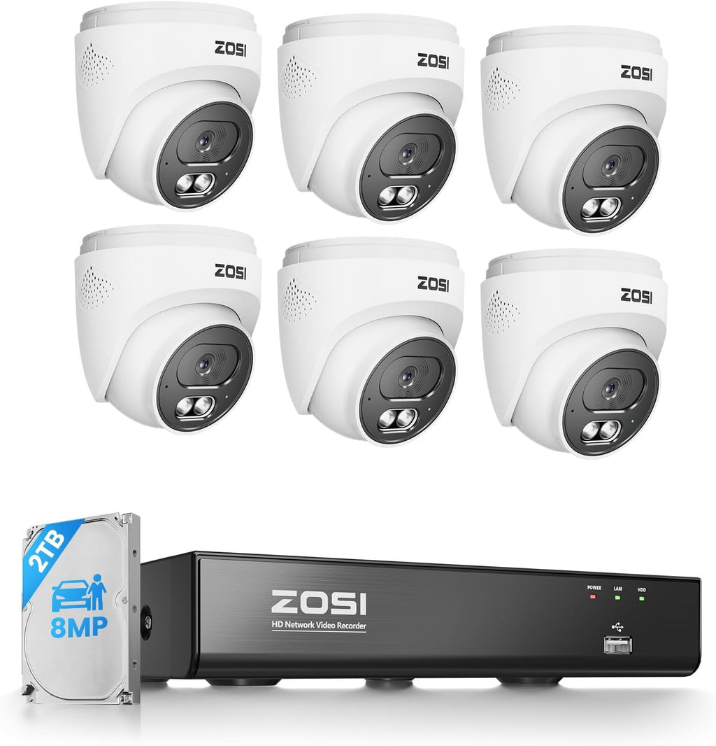 ZOSI C220 4K 8MP 8CH POE NVR Security Camera System (16CH Expandable), 6 x 8MP PoE IP Dome Cameras Outdoor Indoor, AI Human/Vehicle/Face Detection, One-Way Audio, 100ft IR Night Vision, 2TB HDD