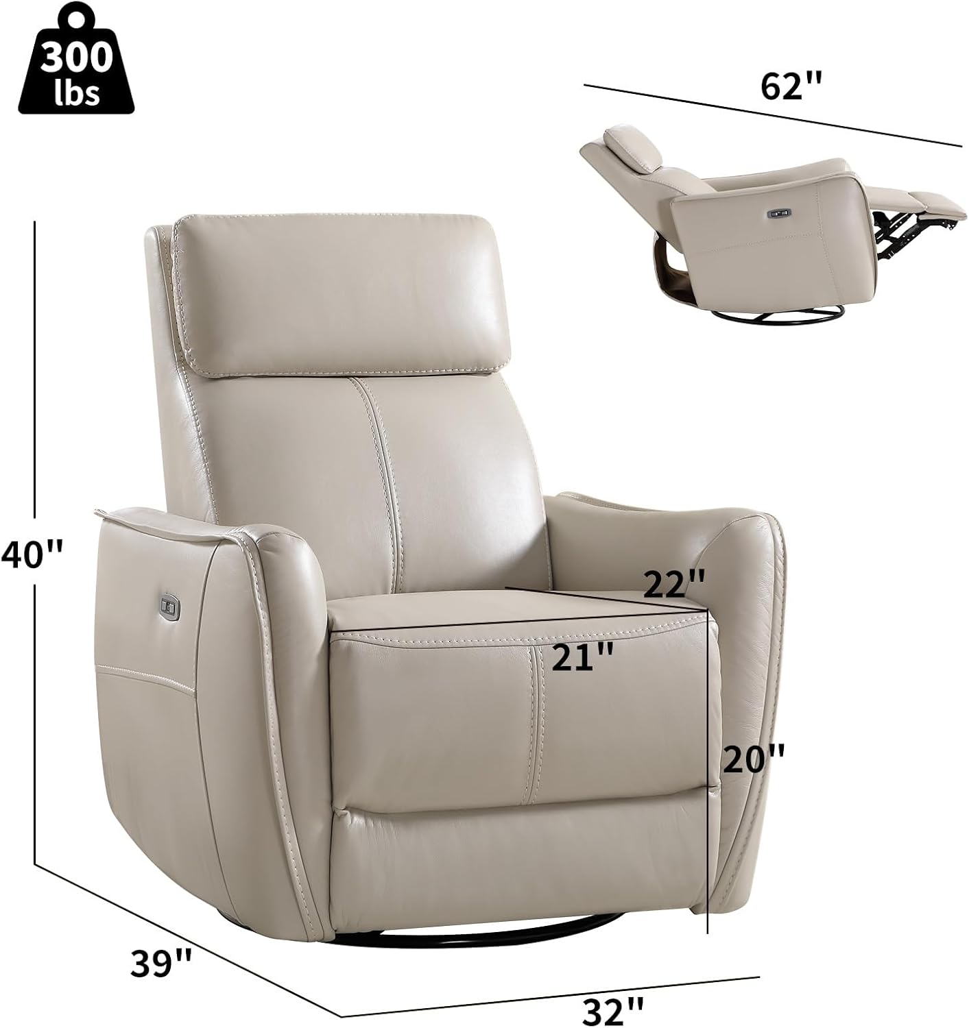 CANMOV Power Swivel Rocker Recliner Chair, Electric Swivel Glider Rocker Recliner for Nursery, Faux Leather Upholstered Rocking Reclining Chair with USB Port for Living Room,Grey