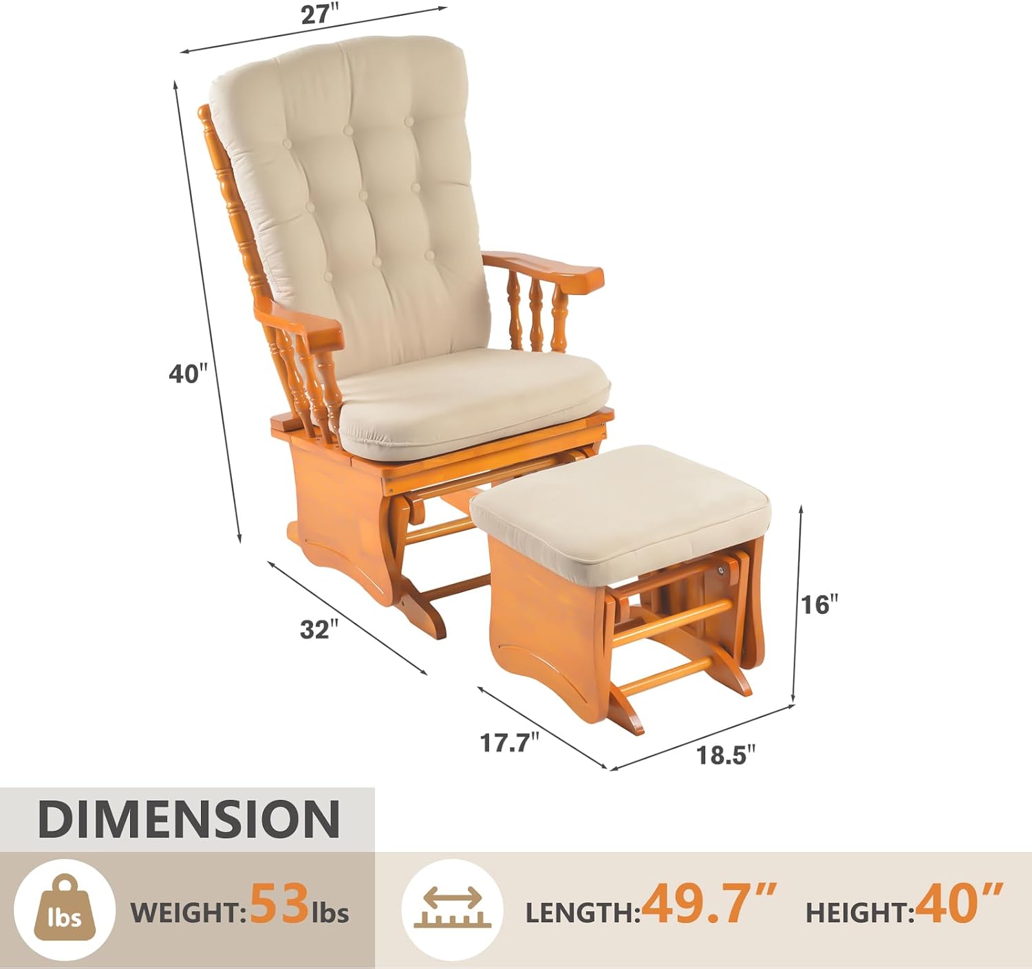 Solid Wood Anti-Pinching Rocking Glider Chair with Ottoman Cushion Set, Nursery Rocking Chair for Living Room Bedroom Reading Room, Honey