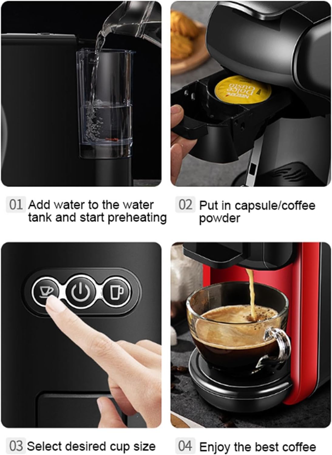 Capsule Coffee Machine, 5-in-1 Espresso Machine for Kcup*/NES*/DG*/Espresso Powder,19Bar Espresso Maker,1450W Fast Heat Coffee Machine
