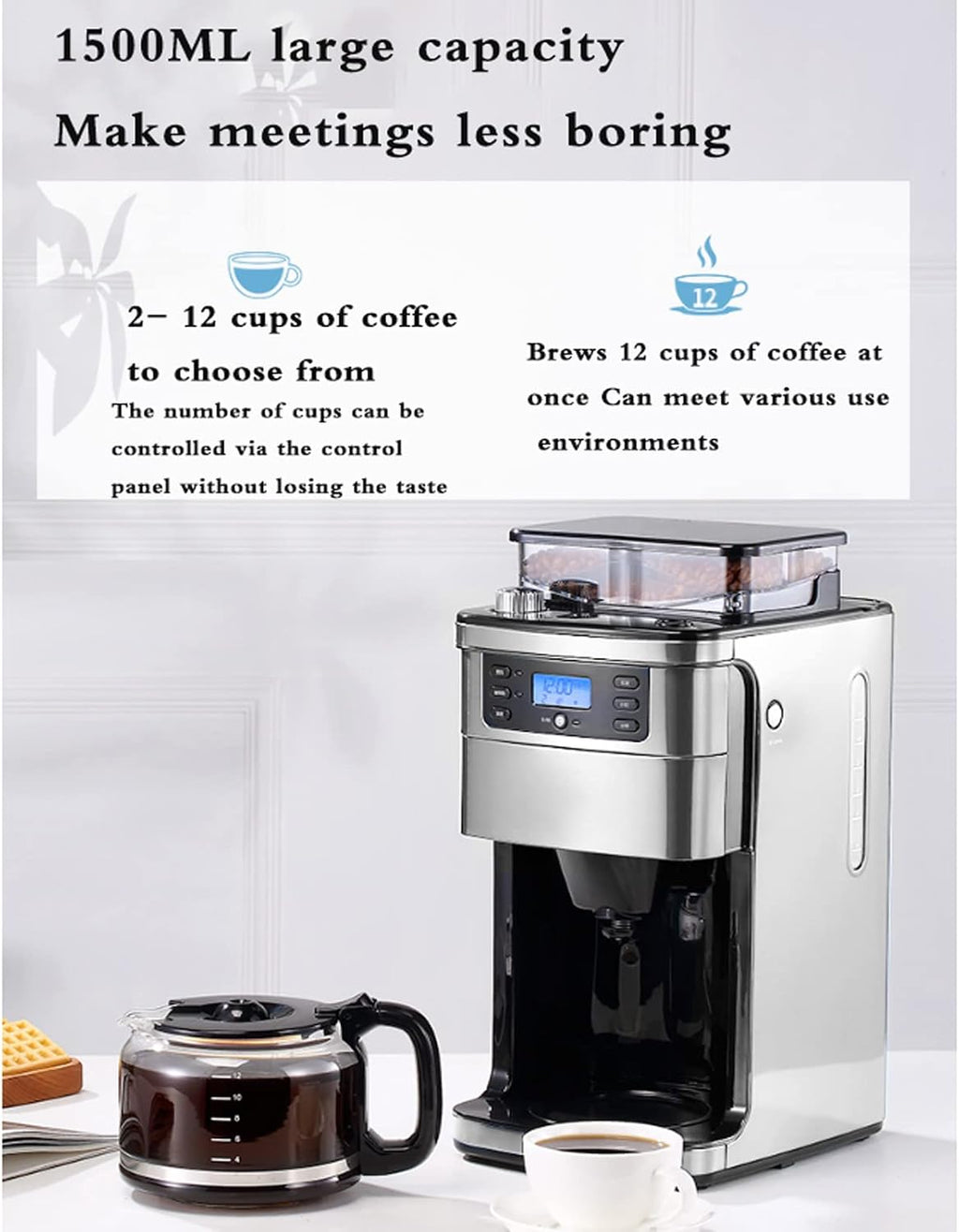 Coffee Machine Fully Automatic Espresso Machine Household Grinder Coffee Machine, Bean Powder Coffee Machine, Drip Coffee Maker, 1500Ml Large Capacity, 24H Appointment