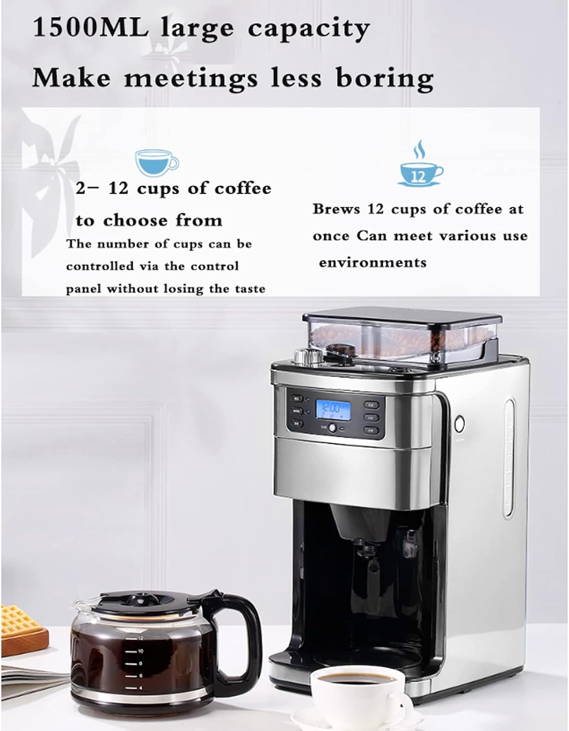 Coffee Machine Fully Automatic Espresso Machine Household Grinder Coffee Machine, Bean Powder Coffee Machine, Drip Coffee Maker, 1500Ml Large Capacity, 24H Appointment