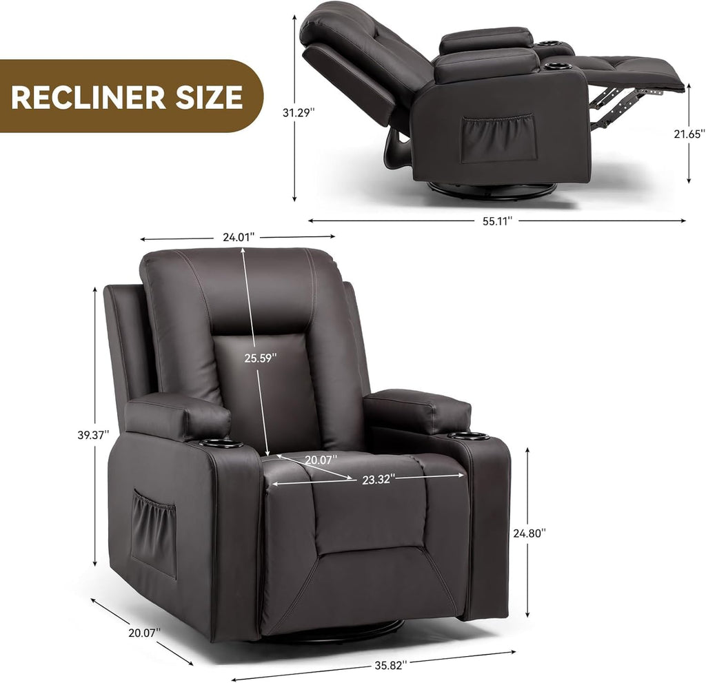 COMHOMA Recliner Chair, Swivel Rocker Recliners, Reclining Sofa with Side Pockets, Cup Holders for Living Room, Bedroom (Brown)