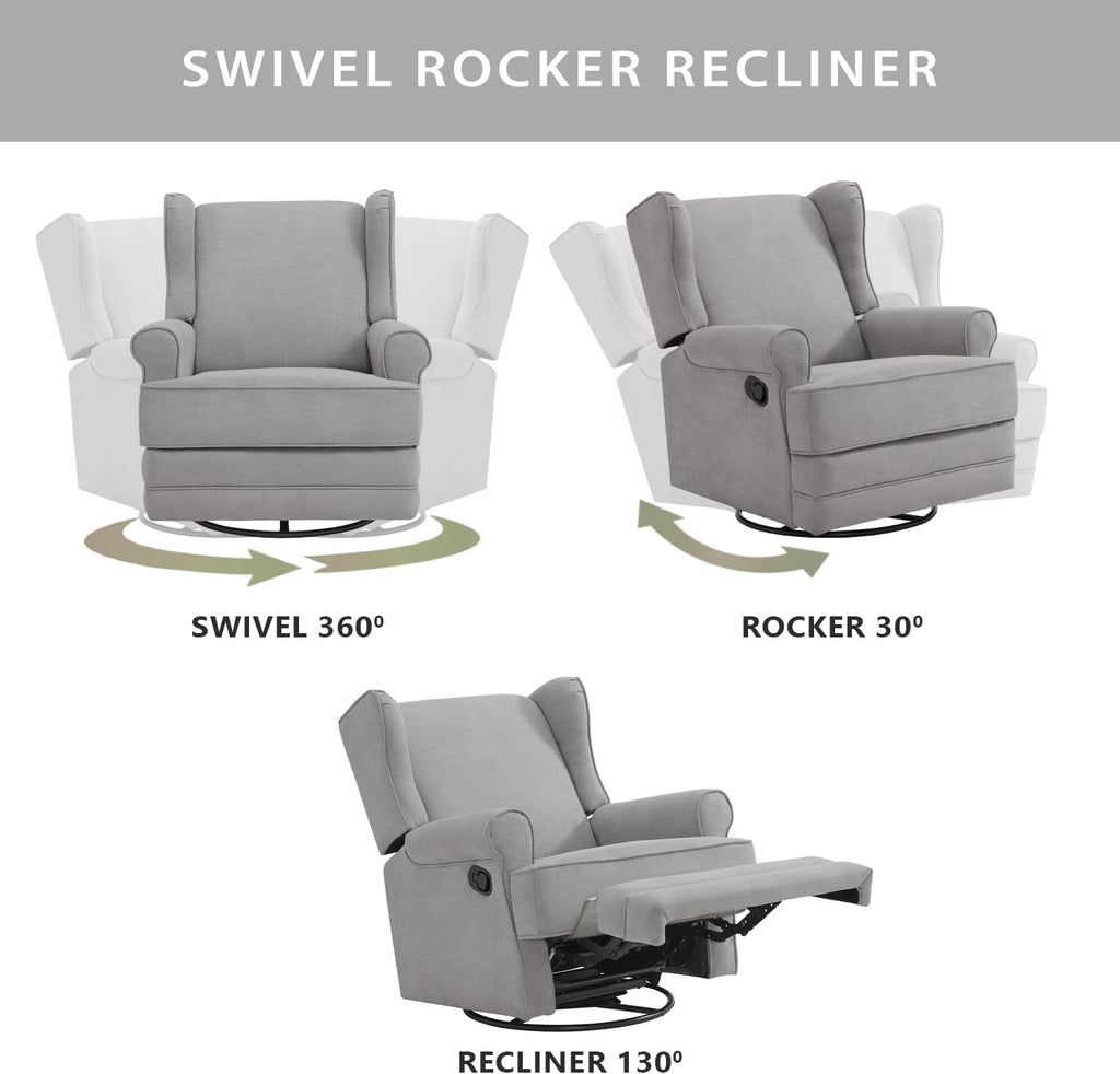 Oxford Baby Teegan Upholstered Glider Recliner Rocking Chair 360° Swivel for Nursery and Living Room - Gray
