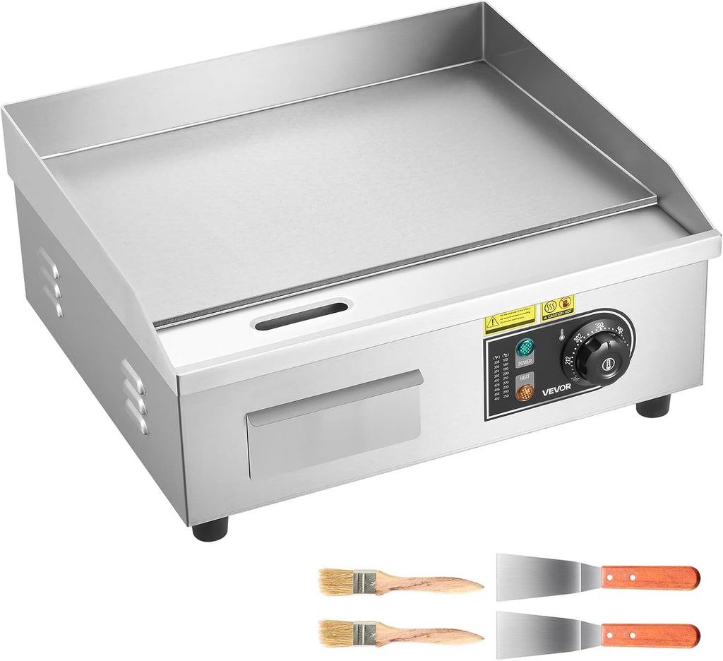 VEVOR Commercial Electric Griddle, 17.72 x 11.81 inch, 1750W, 122-570°F Adjustable Temp Control, Stainless Steel Countertop Flat Top Grill with 2 Spatulas, 2 Brushes, and 4 Foot Pads, for Steak