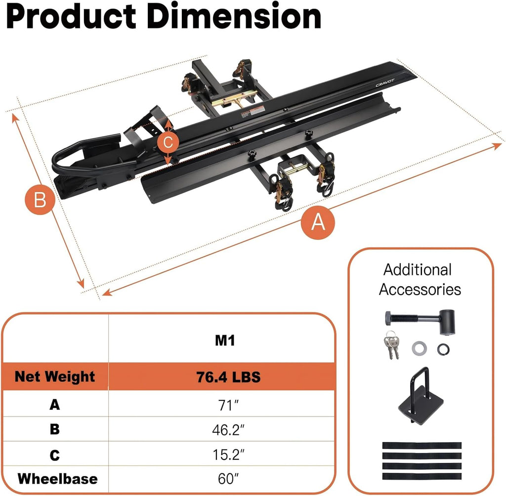 CRAVOT Motorack M1 Motorcycle Hitch Carrier with Ramp, 350 lbs Capacity Dirt Bike Carrier, Foldable Hauler Hitch Mount Rack Anti-Rattle Up to 4-inch Fat Tire 2' Receiver