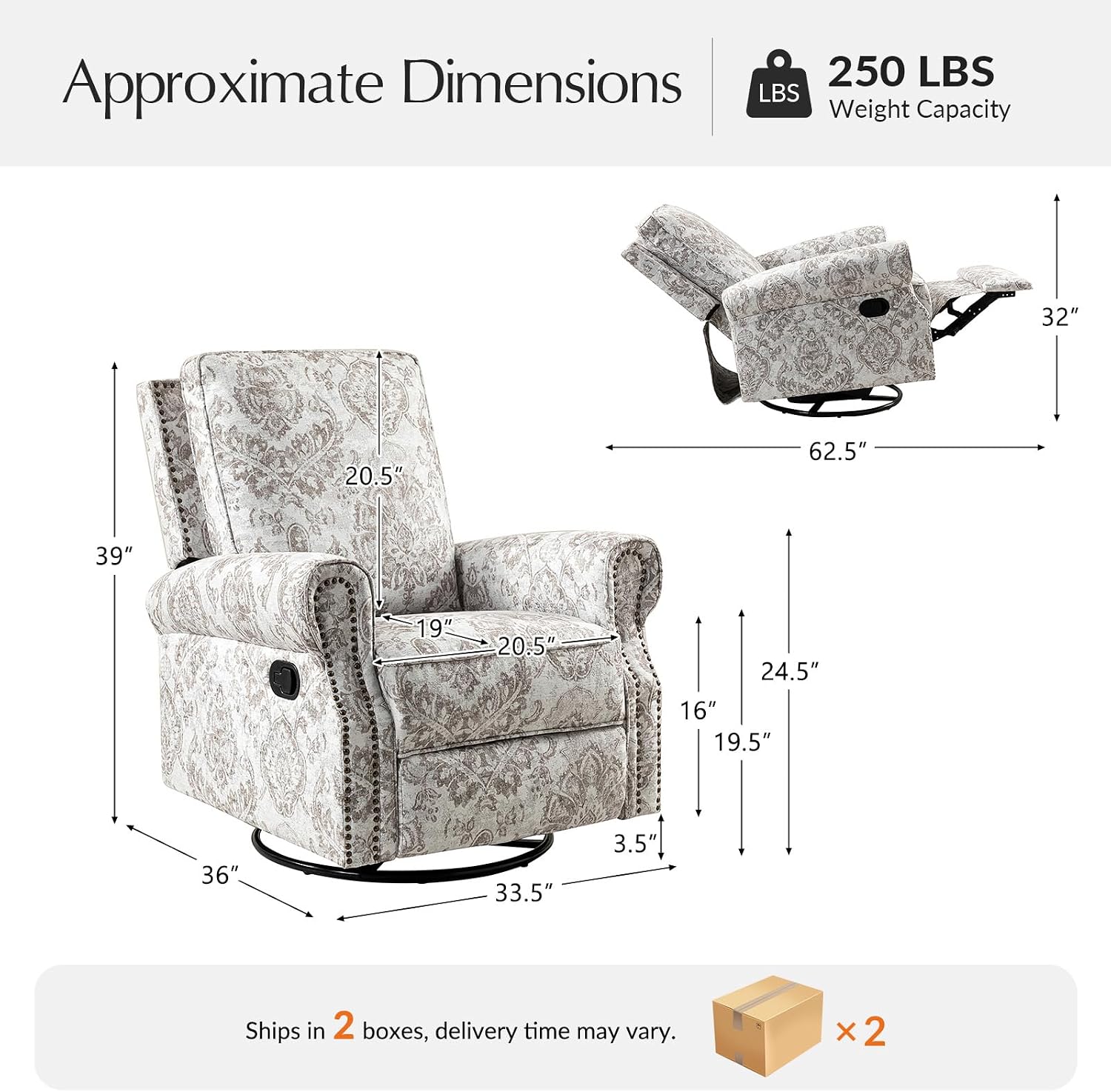 HULALA Home Swivel Rocker Recliner Set of 2, Modern Printed Fabric Swivel Recliner Chair for Adults Glider with Adjustable Backrest & Footrest, Beige