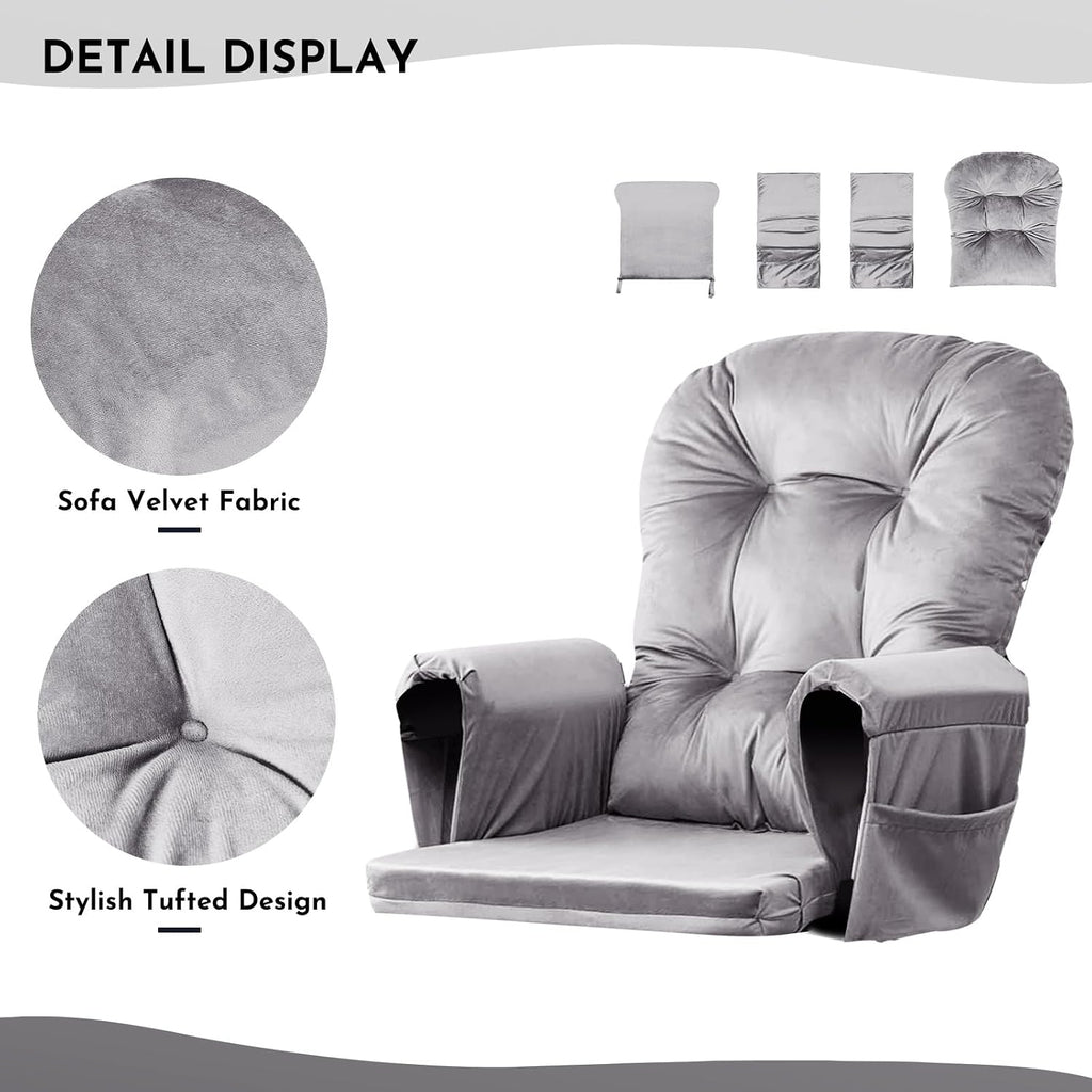 Lucky Monet 5Pcs Glider Rocker Replacement Cushions - Velvet Glider Cushions Replacement Set with Side Storage Pockets, Thick Glider Chair Cushions Washable & Non Slip, Cushion ONLY - Gray
