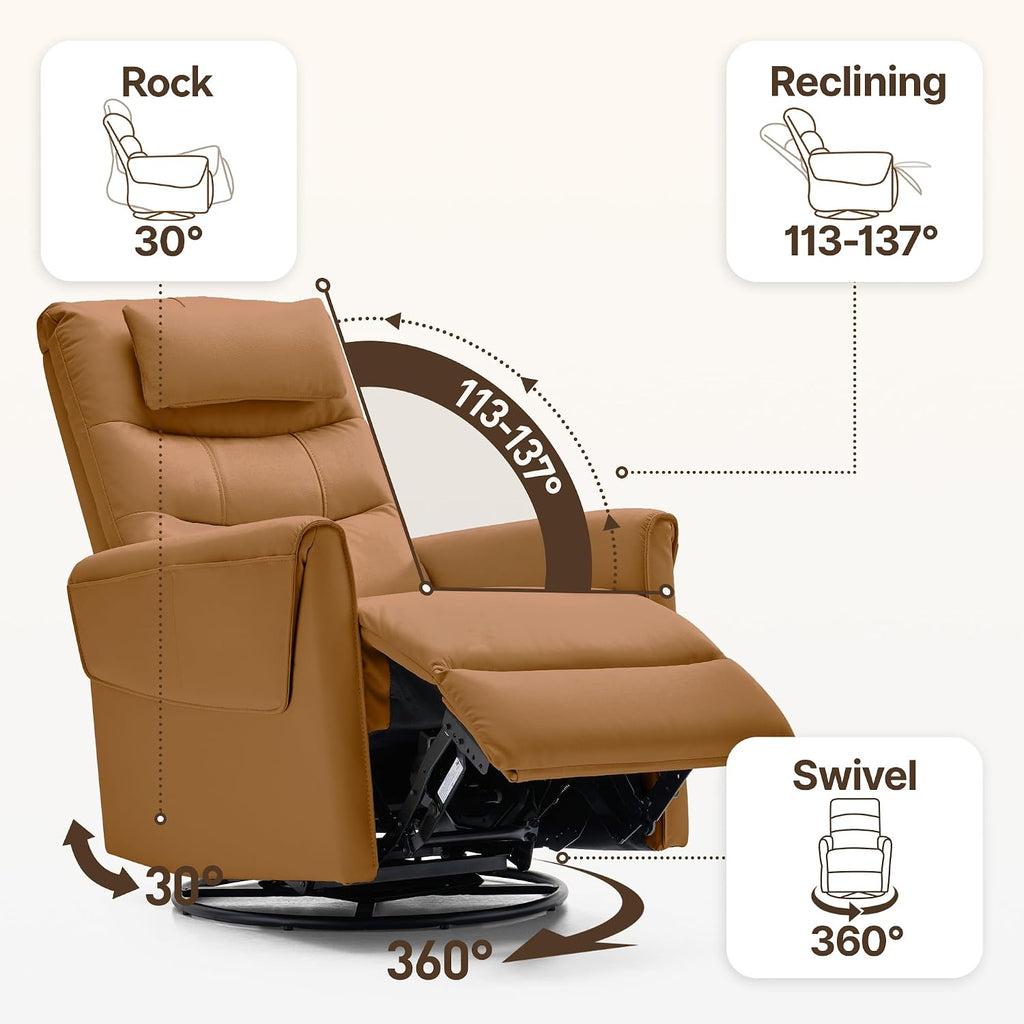 AIRSKY Leather Recliner Chair, Top Grain Leather, Italian Water-Washing Process, Movable Headrest,Swivel Rocker Recliner, Nursery Rocking Chairs,Wall Hugger Recliners, Living Room Chair, R3 (Brown)