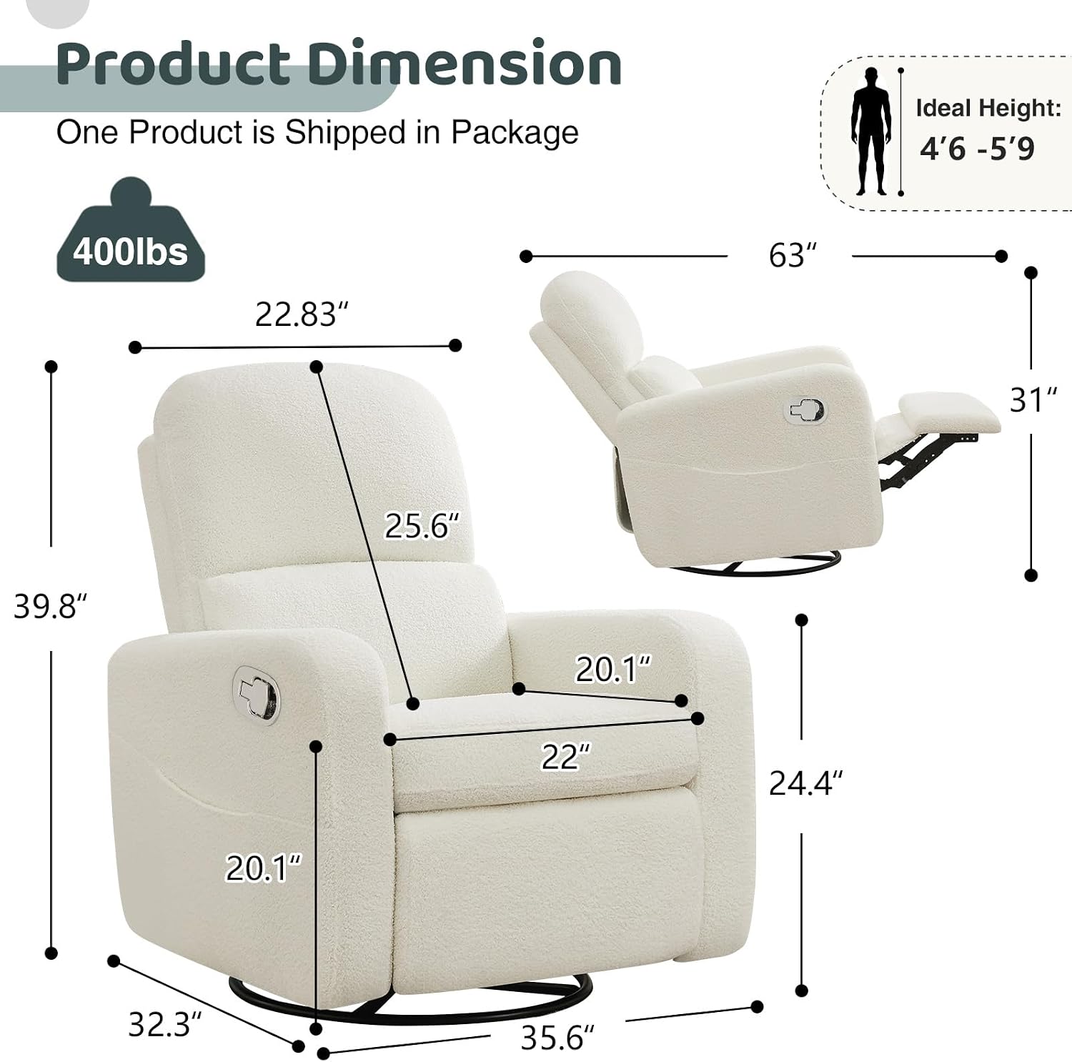 Swivel Rocker Recliner, Oversized Boucle Glider Recliner Nursery, Manual Swivel Rocking Reclining Chairs with Removable Cushion and Lumbar Support for Nursery Living Room Bedroom, Teddy White
