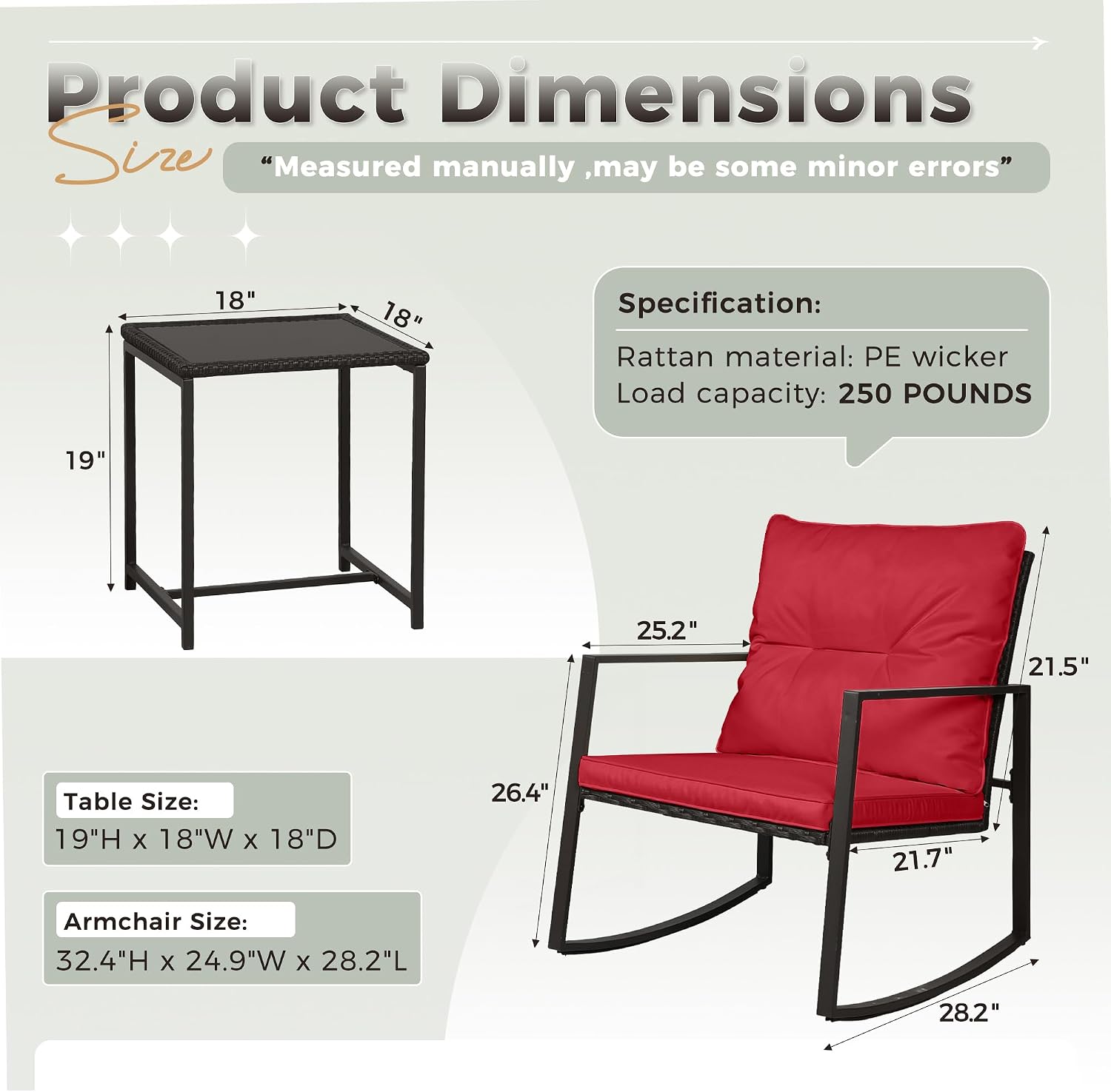 SUNCROWN 3 Piece Outdoor Rocking Bistro Set Black Wicker Furniture Porch Chairs Conversation Sets with Glass Coffee Table, Red