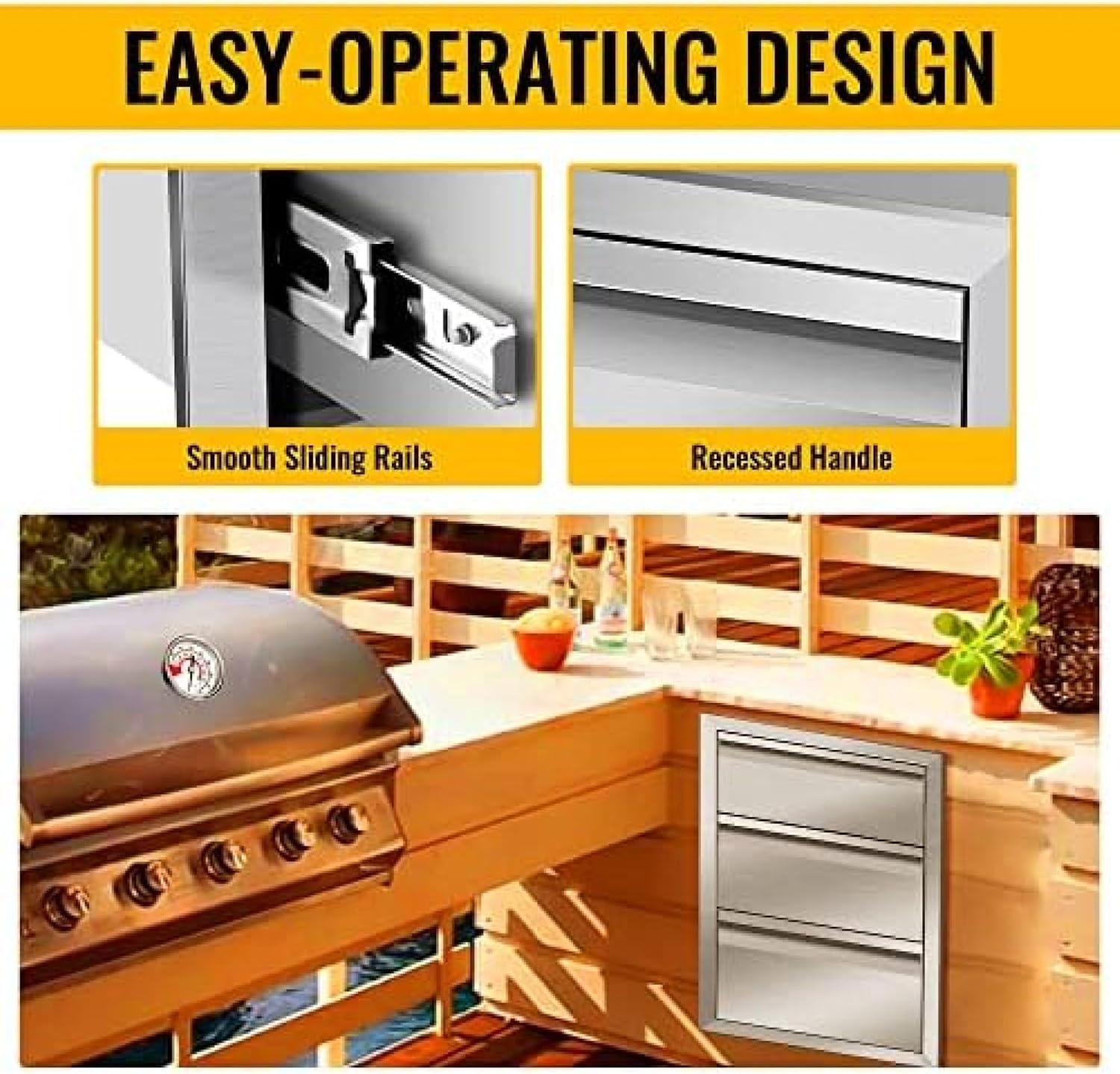 Outdoor Kitchen Drawer Stainless Steel BBQ Triple Drawer Flush Mount for Outdoor Kitchen Island,-16W X 21H X 23D Inch