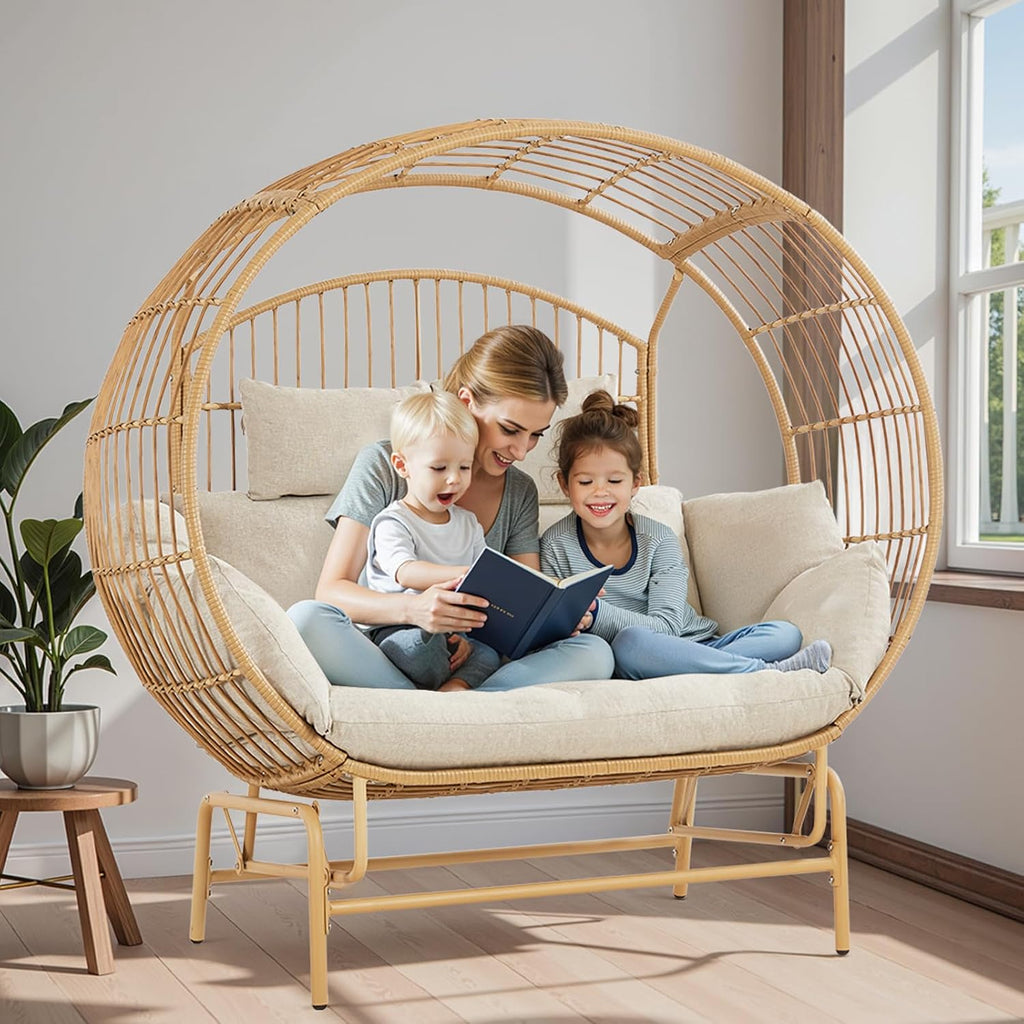 Oversized 2-Person Egg Chair Glider Rocking Chair, Heavy-Duty Wicker Rattan Outdoor Loveseat w/Thicken Padded Cushions, Extra Large Lounge Chair for Porch Backyard Patio Garden Yellow