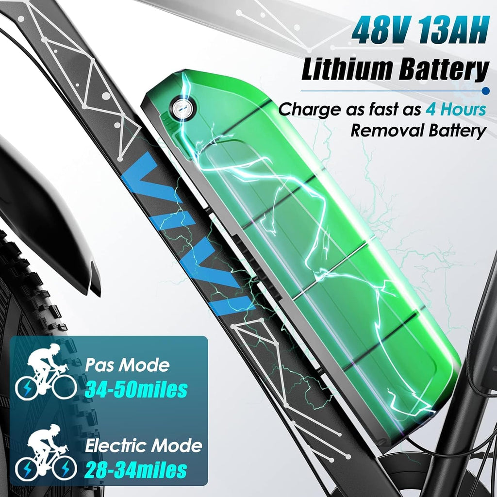 Vivi Electric Bike 26' x 4.0 Fat Tire Ebikes for Adults, Peak 750W Electric Mountain Bike, 20MPH Electric Bicycle with 48V 13AH Removable Lithium-Ion Battery, Up to 60 Miles, SGS Certified to UL2849