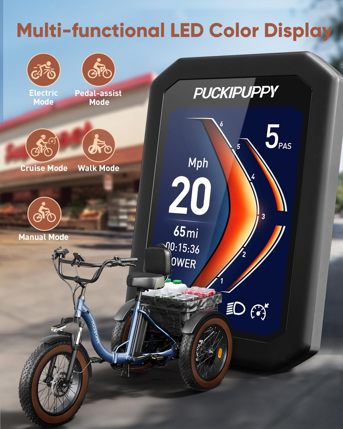 PUCKIPUPPY Electric Tricycle for Adults, 960W Max Rear Motor Electric Trike, 20MPH 3 Wheel, 20' 6061 Aluminum Folding Ebike Frame, 55 Miles Range Cargo Tricycle with Large Basket
