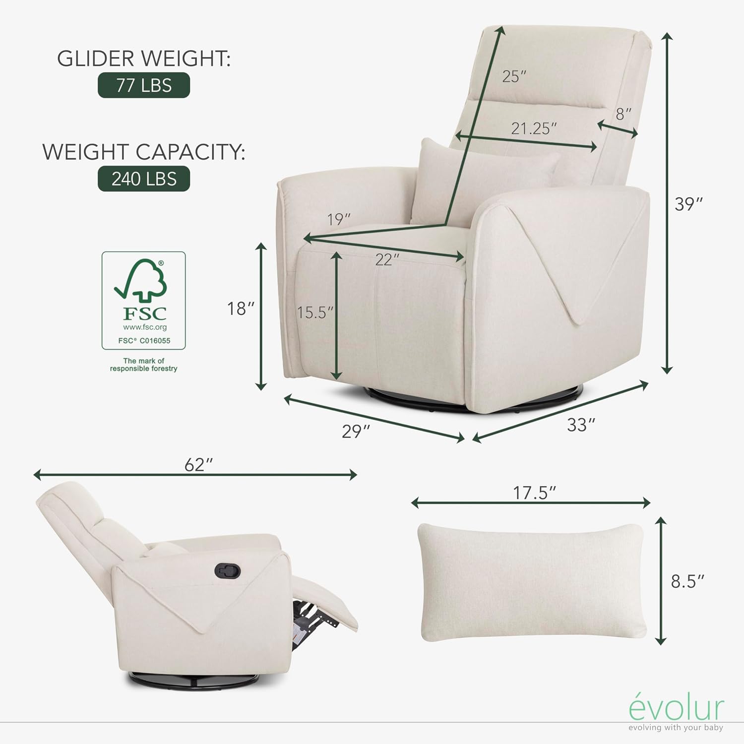 Evolur Sylas Nursery Glider Chair in Light Sand - Manual Recliner with 360° Swivel, Lumbar Support, Tufted Back & Side Pockets - Modern Rocking Chair for Baby Room, Nursery & Living Room