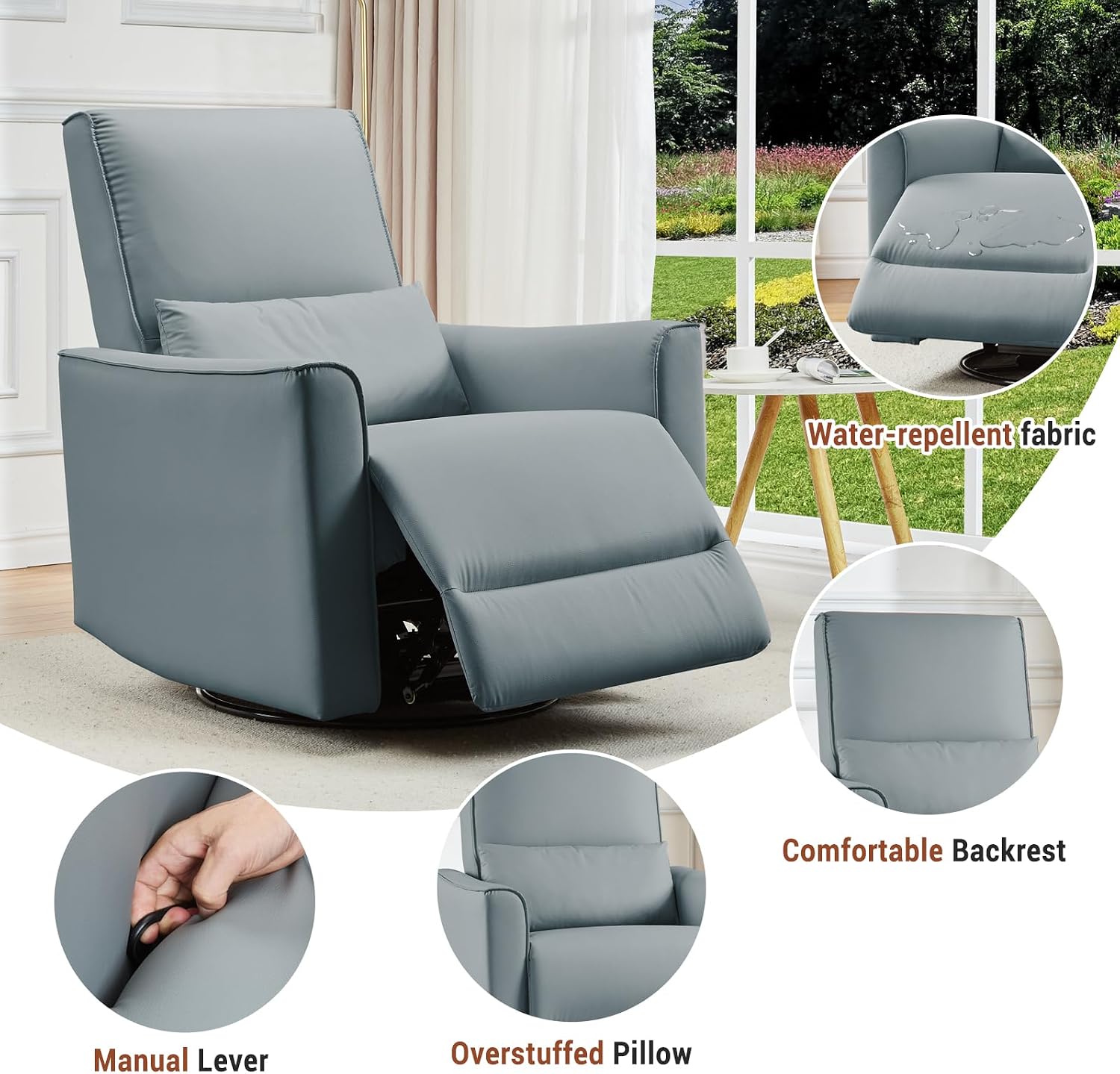 GAOMON Swivel Rocking Recliner Chair, Manual Leather Recliner Glider with Lumbar Support & Padded Armrest, Comfortable Rocker Nursery Single Sofa for Living Room and Bedroom (Gray)