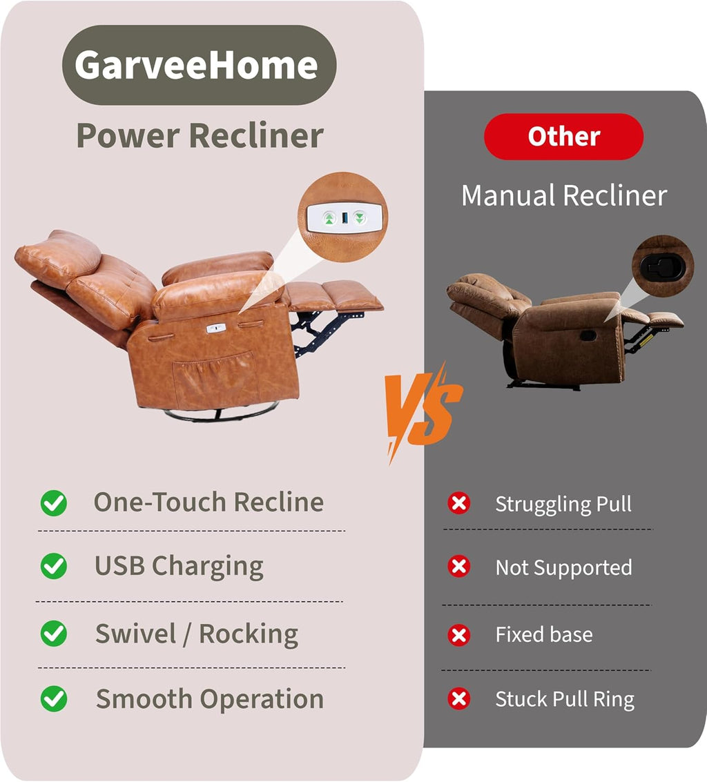 GarveeHome Power Rocker Swivel Recliner Chair - Heat and Massage, PU Leather Electric Glider Rocking Chair with USB Port, Glider Recliner Nursery Chair for Living Room, Bedroom, Nursery