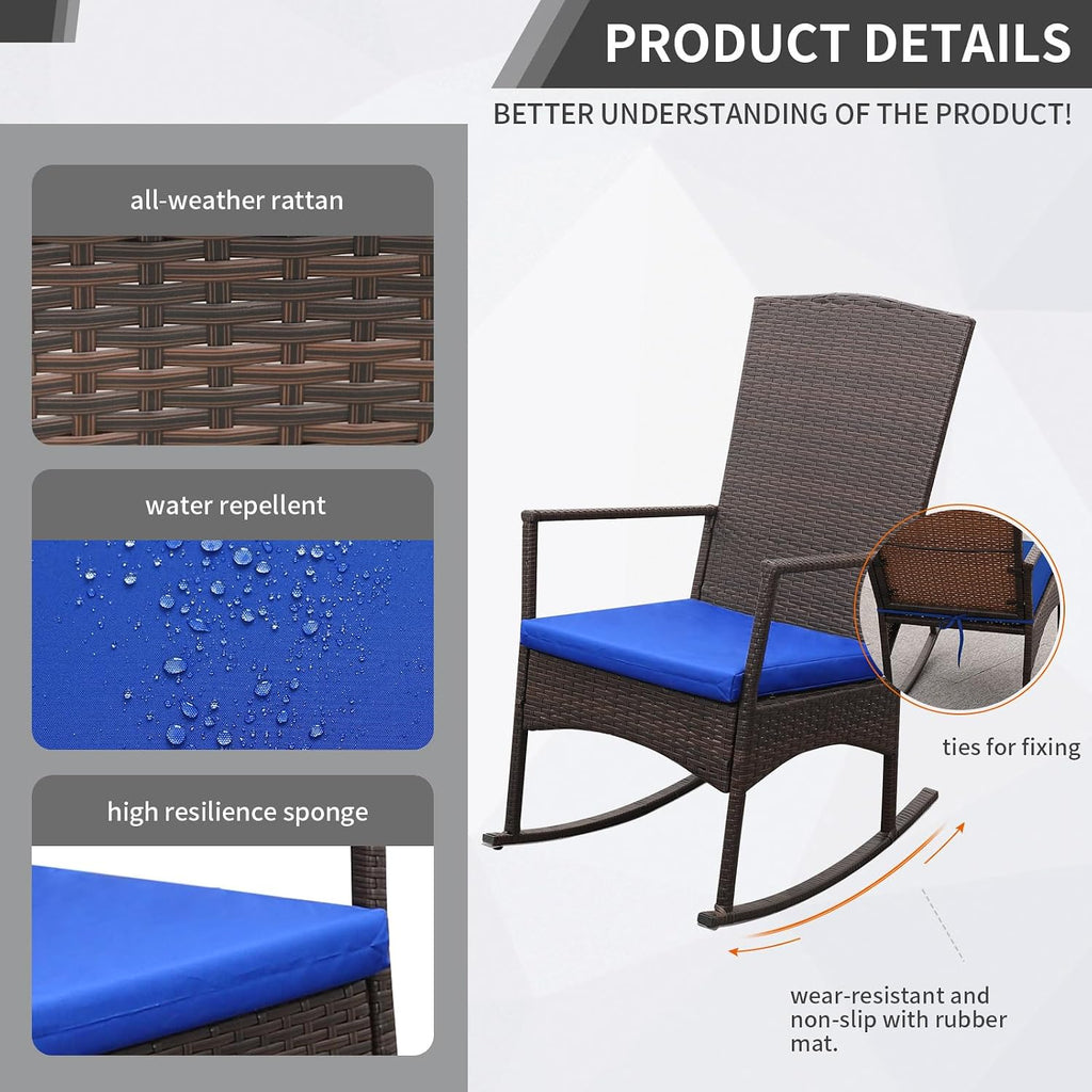 Oasishine Rocking Chair Outdoor 3 Pieces High-Backed Patio Rocking Chairs Bistro Table and Chairs Set of 2, Royal Blue