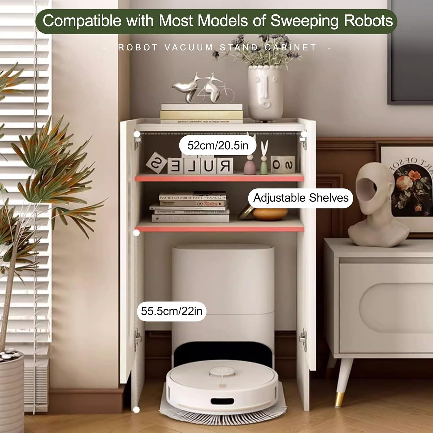 Sweeping Robot Storage Rack with Tempered Glass Door, Robot Vacuum Stand with Open Base Self-Emptying Sweeper Machine Cabinet, Easy to Change Water