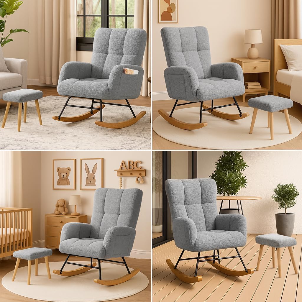 COMHOMA Nursery Rocking Chair with Ottoman, Teddy Glider Rocking Chair, Accent Chair with High Backrest Reading Chair for Adult, Nursery, Bedroom, Living Room, Offices (Gray with Ottoman)