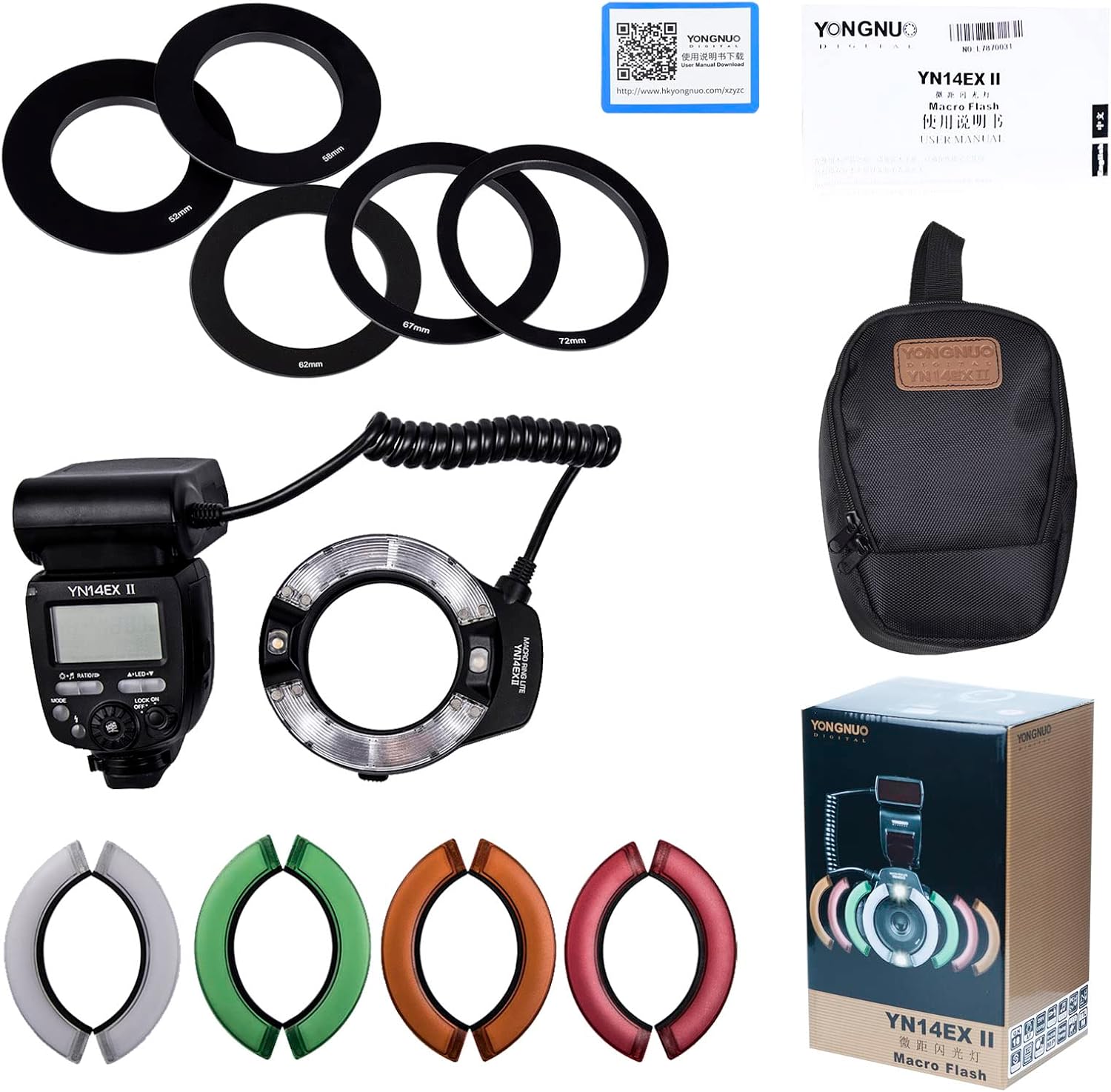 YONGNUO YN14EX II Macro Ring Flash for Canon DSLR Cameras, with Adapter Rings and Color Temperature Filters, Hot Shoe Mount, Support M, TTL Flash