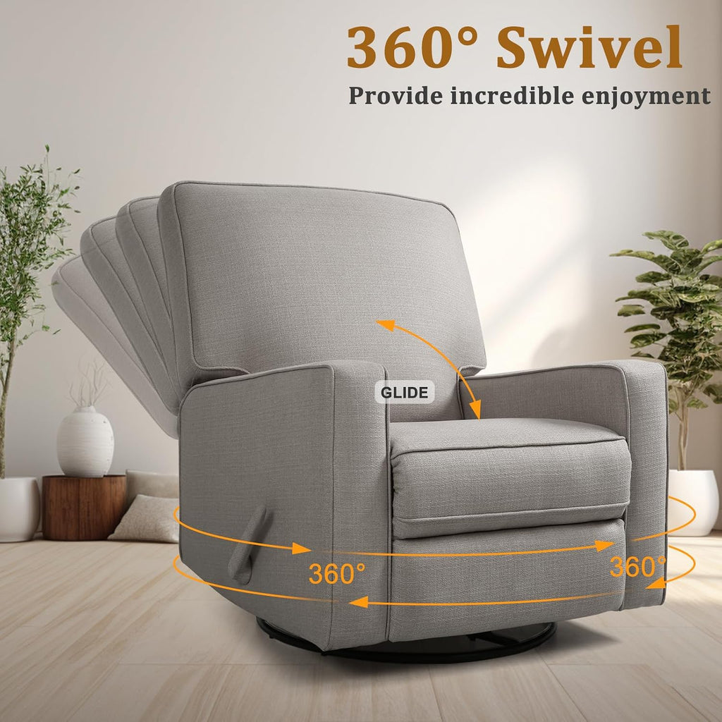 Swivel Rocker Recliner Chair for Adults, High Back Fabric Recliner with Deep Seat, Manual Glider for Living Room & Nursery, Grey