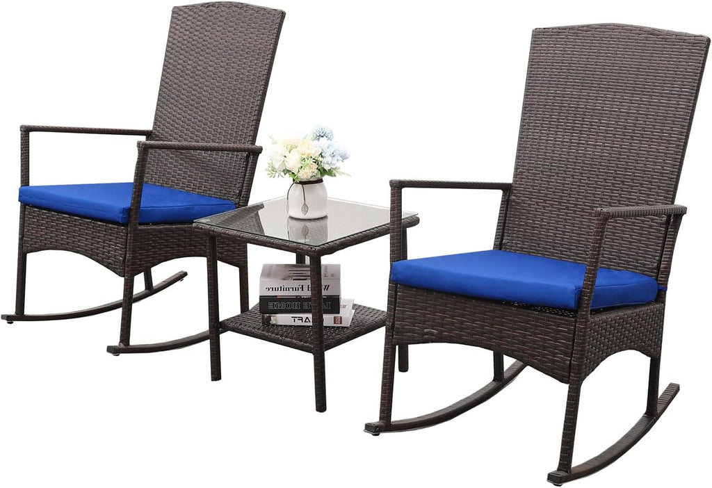Oasishine Rocking Chair Outdoor 3 Pieces High-Backed Patio Rocking Chairs Bistro Table and Chairs Set of 2, Royal Blue