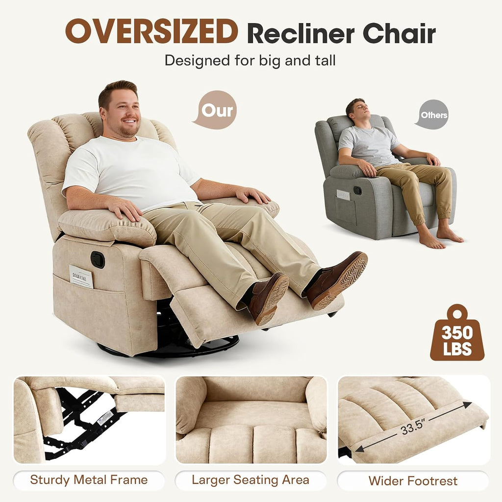 COOSLEEP Oversized Manual Swivel Rocker Recliner Chair, Extra Wide Glider Rocker Recliner for Big and Tall, Overstuffed Lazy Recliner Chair with High Back, Single Sofa Chair for Living Room(Beige)