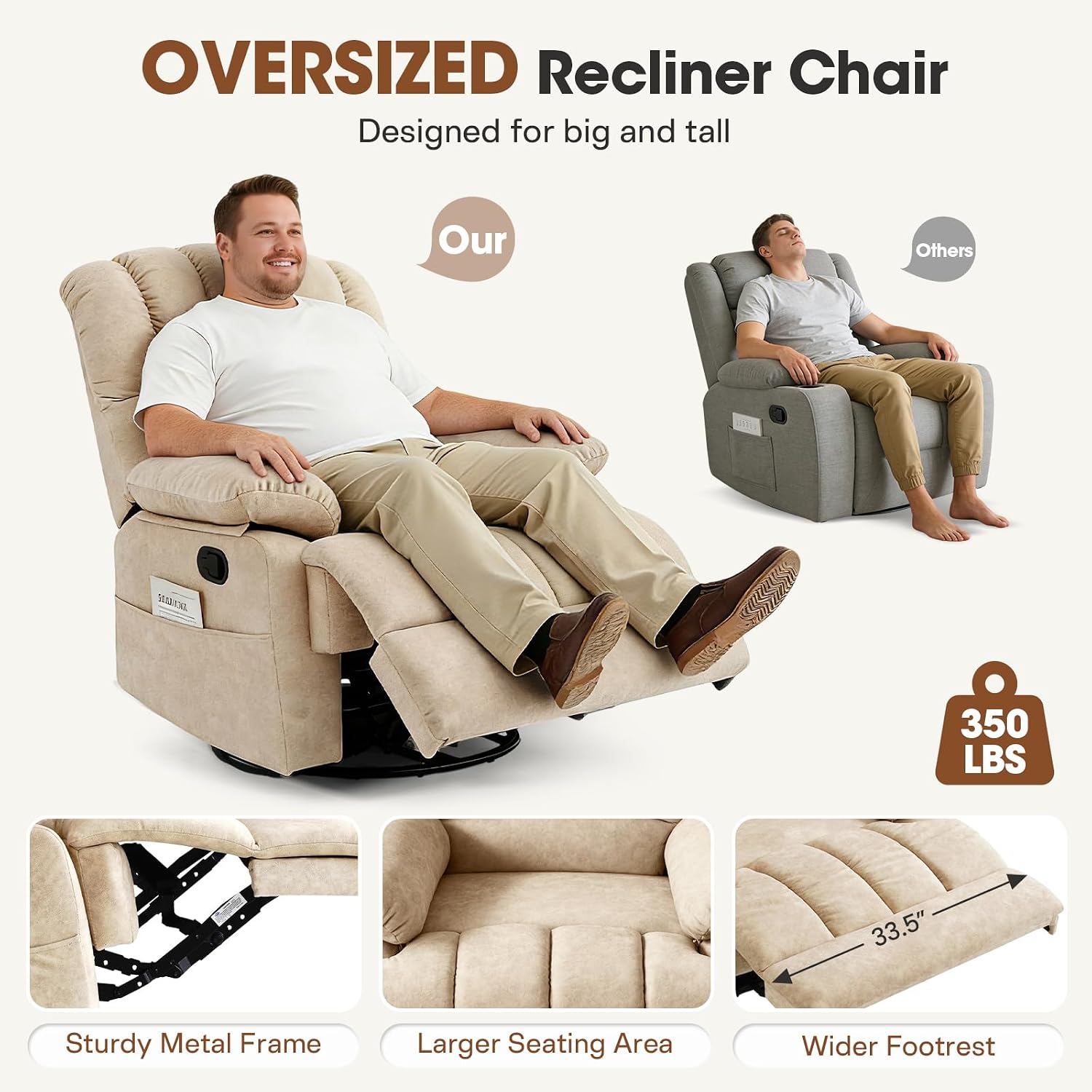 COOSLEEP Oversized Manual Swivel Rocker Recliner Chair, Extra Wide Glider Rocker Recliner for Big and Tall, Overstuffed Lazy Recliner Chair with High Back, Single Sofa Chair for Living Room(Beige)