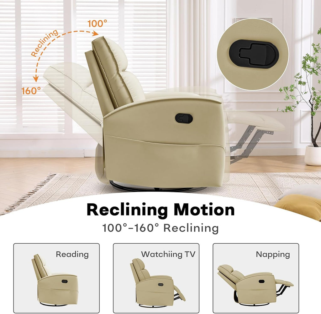 HAOMARKETS Swivel Rocker Recliner Chair, Manual Faux Leather Glider Rocking Recliners for Adults, 360° Swivel Nursery Reclining Sofa with Storage Pocket