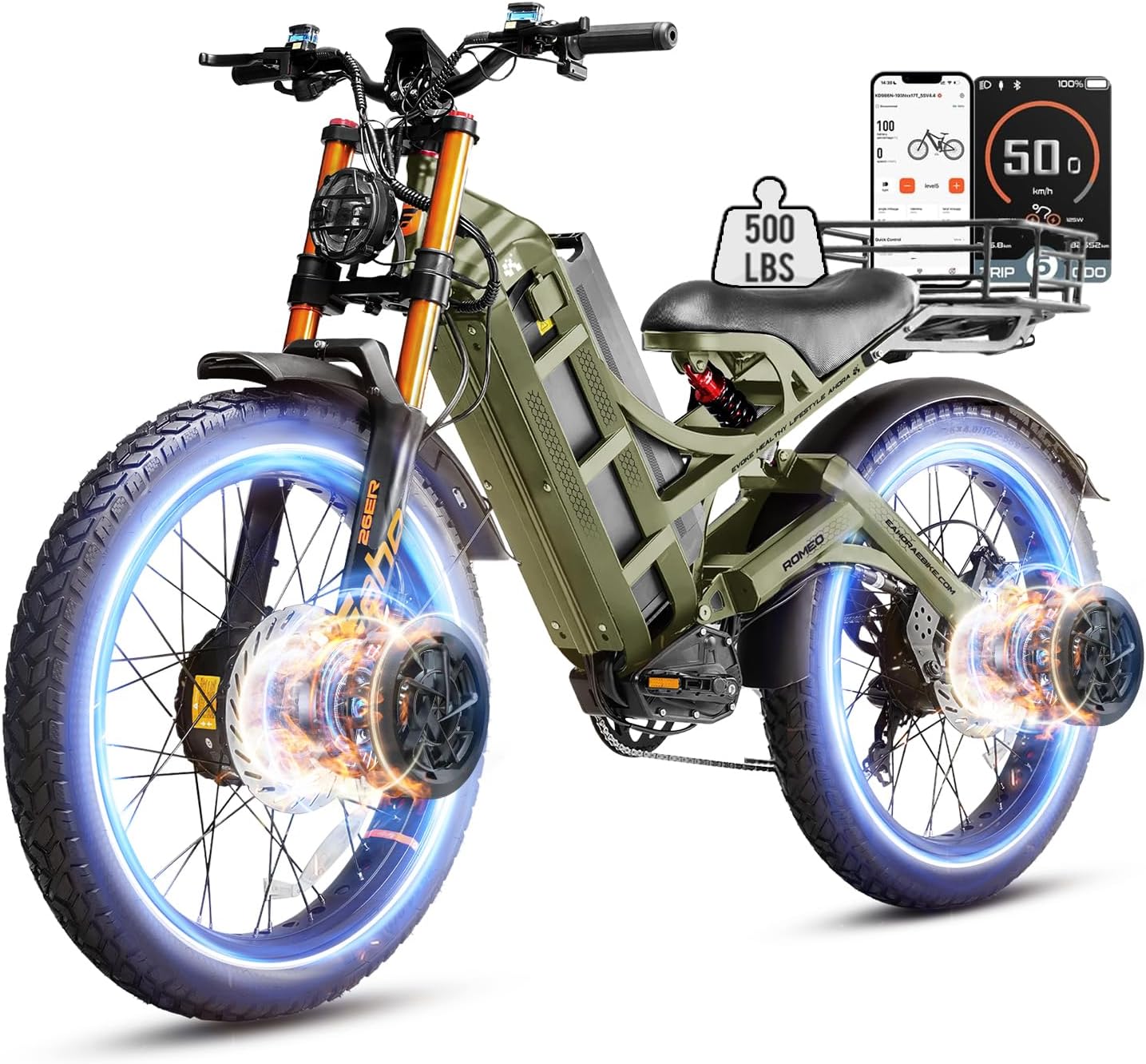 eAhora Romeo Pro 3 Electric Bike - [2026 Latest] 50MPH 5600W Dual Motor 60V 80AH 250Miles Long Range Ebike for Adults, 26' * 4.0 Fat Tire Fast Electric Mountain Bike Full Suspension Off-Road E-Bike