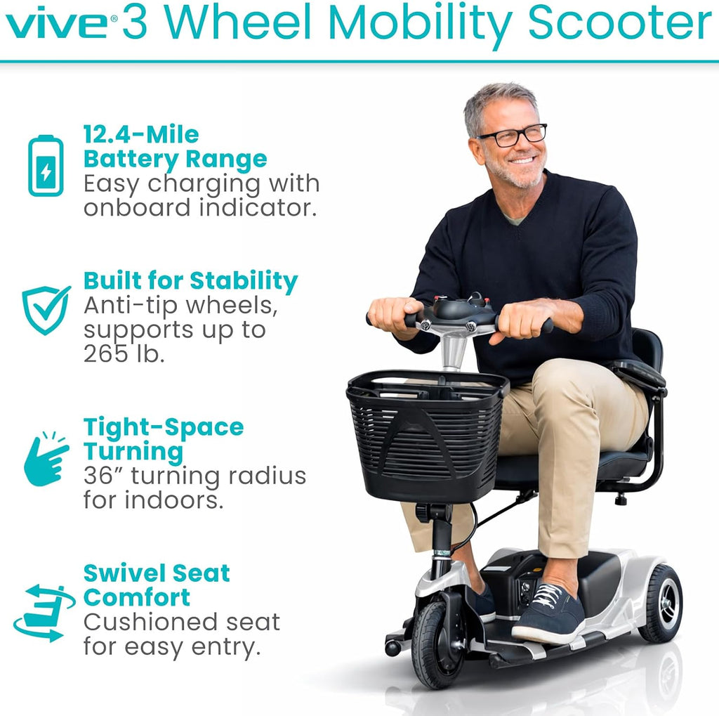 Vive 3 Wheel Mobility Scooter - Electric Powered Mobile Wheelchair Device for Adults - Folding, Collapsible and Compact for Travel - Long Range Power Extended Battery with Charger and Basket Included