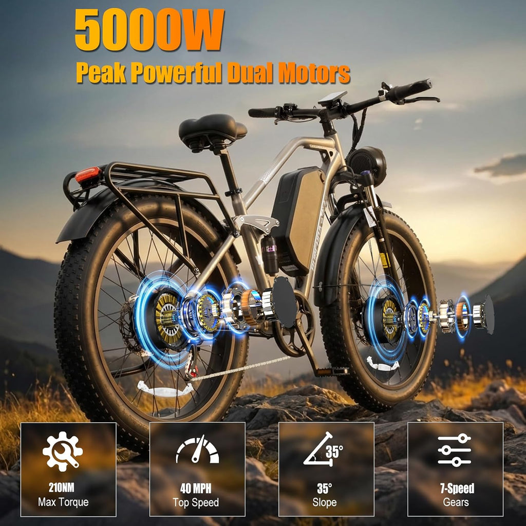 2026 Dual Motor Electric Bike for Adults AWD 5000W/3000W Peak 40 MPH/30 MPH E Dirt Bike, 52V/48V Removable Battery 65/80/150 Miles Max Long Range with Full Suspension 26' Fat Tires Mountain Bike