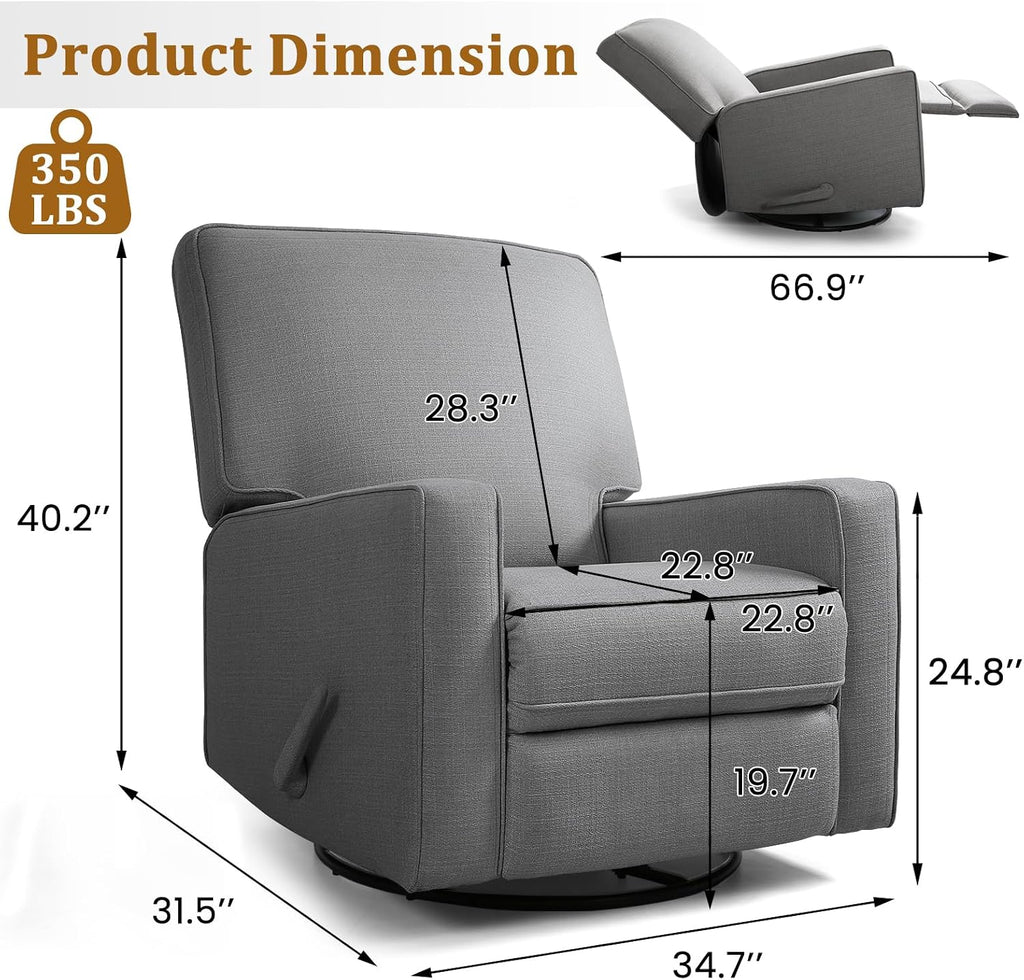 Swivel Rocker Recliner Chair for Adults, High Back Fabric Recliner with Deep Seat, Manual Glider for Living Room & Nursery, Charcoal