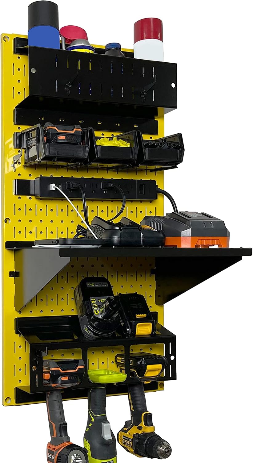 Wall Control Power Tool Storage Organizer Kit Cordless Drill Holder Charging Station Rack 16' x 32' Metal Pegboard Organization System (Yellow Pegboard)