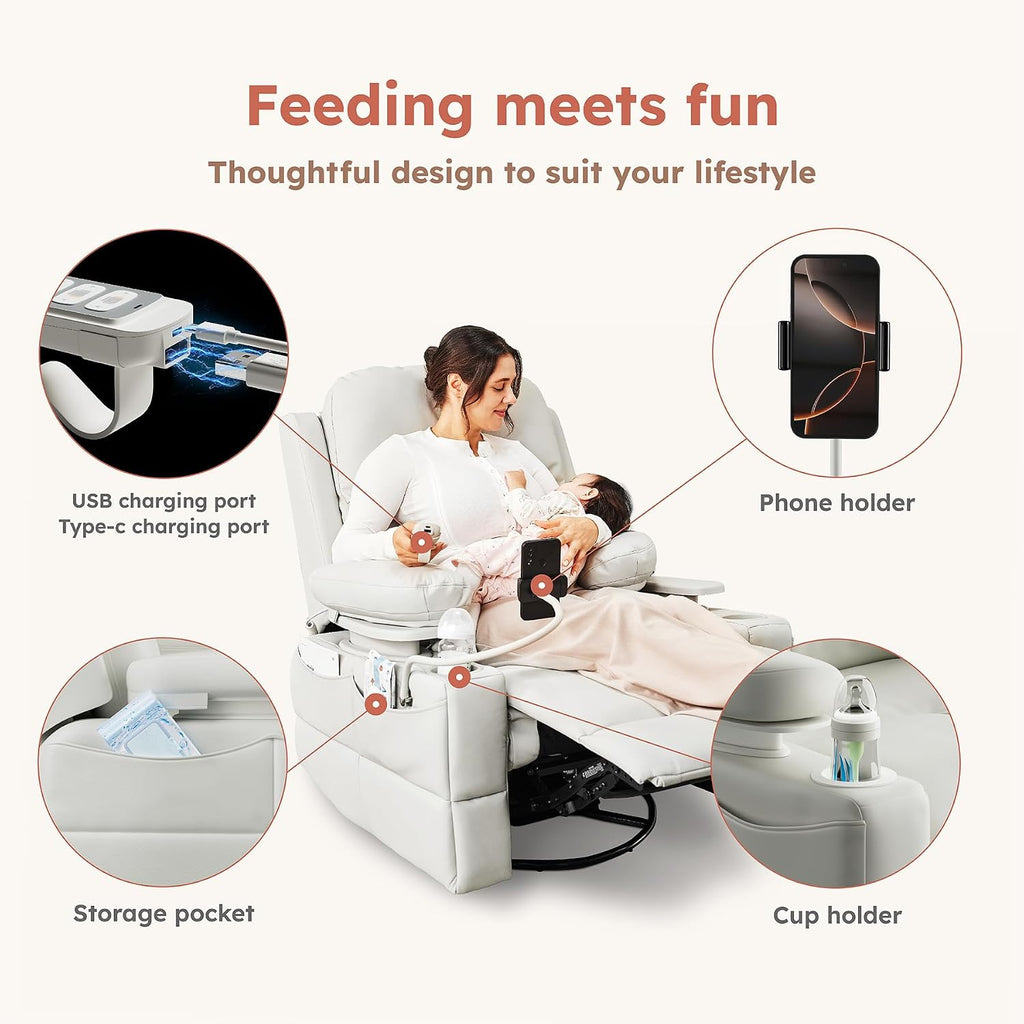 MAMAZING Lullapod Power Nursery Recliner Rocking Chair, Triple Motor Power Recliner with HugAssist Armrest, 270° Swivel Glider and Quiet Rocking Chair Nursery with Dual Charging Port and Storage