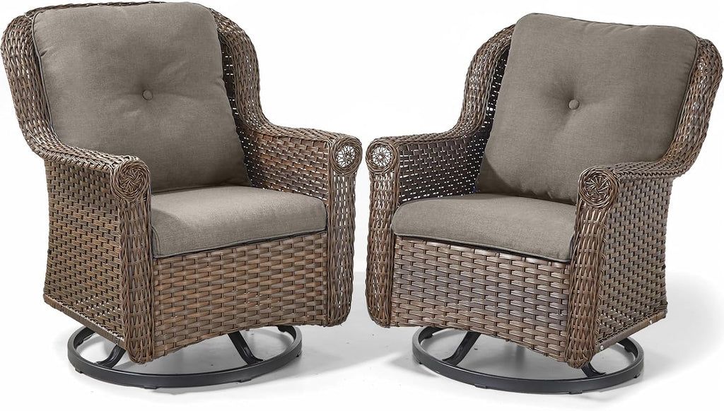Patio Chairs Outdoor Swivel Glider - Set of 2 High Back Outside Brown Wicker Rattan Rocking Chair with Zippered Cushion for Porch Apartment Deck Yard Poolside Garden - Grey