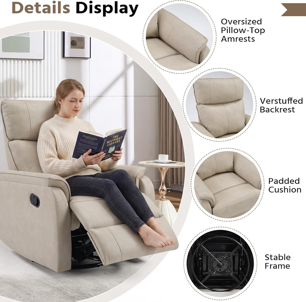 HAOMARKETS Swivel Rocker Recliner Chair, Manual Faux Leather Glider Rocking Recliners for Adults, 360° Swivel Nursery Reclining Sofa with Padded Backrest for Living Room, Beige
