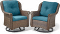 Patio Chairs Outdoor Swivel Glider - Set of 2 High Back Outside Brown Wicker Rattan Rocking Chair with Zippered Cushion for Porch Apartment Deck Yard Poolside Garden - Peacock Blue