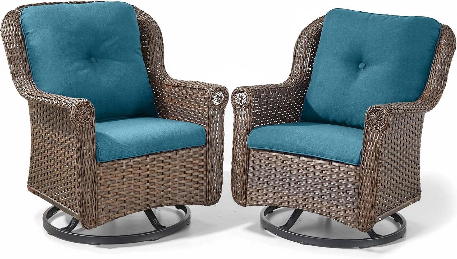 Patio Chairs Outdoor Swivel Glider - Set of 2 High Back Outside Brown Wicker Rattan Rocking Chair with Zippered Cushion for Porch Apartment Deck Yard Poolside Garden - Peacock Blue