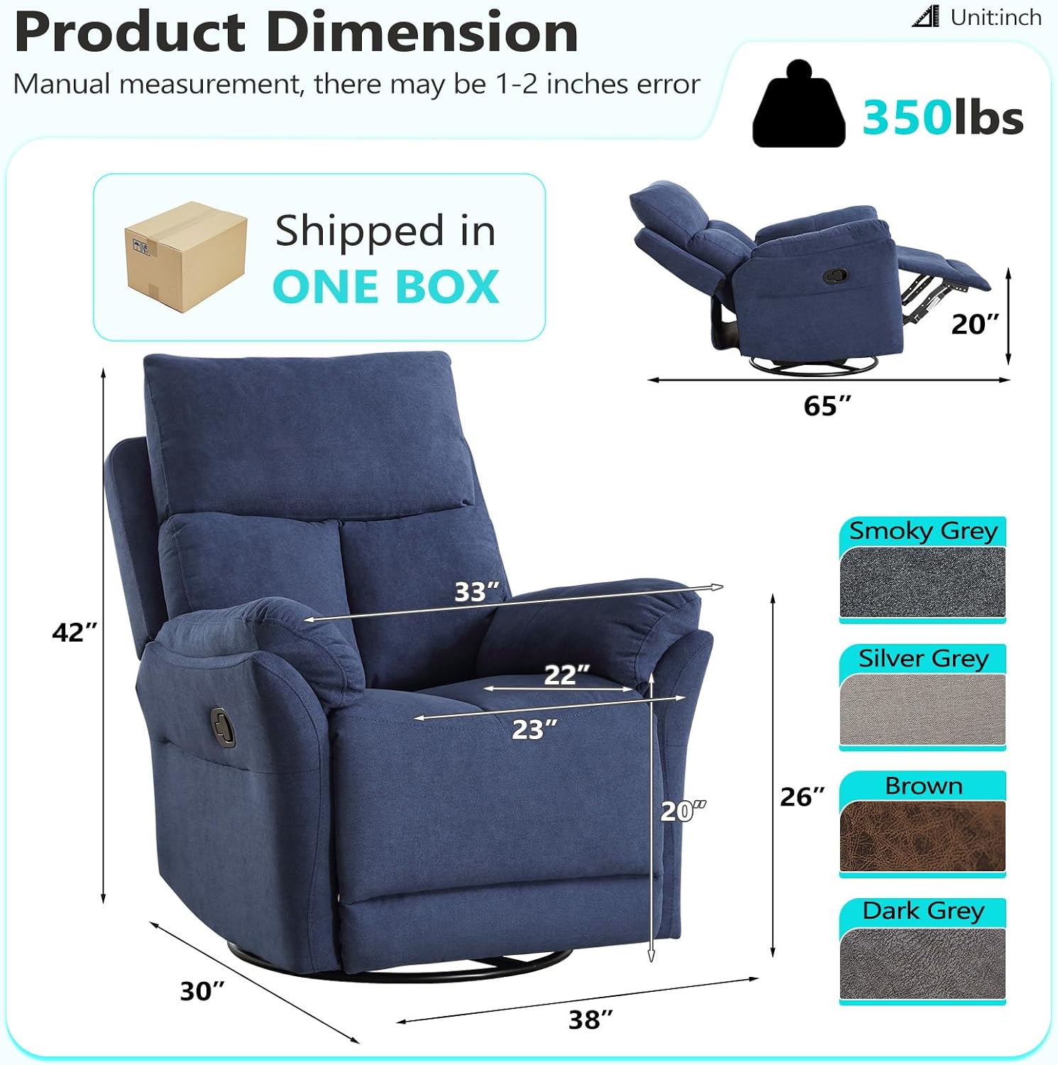 ANJ Swivel Rocker Recliner Chair, Manual Fabric Glider Nursery Recliner Chair, Single Rocking Modern Sofa Home Theater Seating for Living Room, Nursery (Blue)