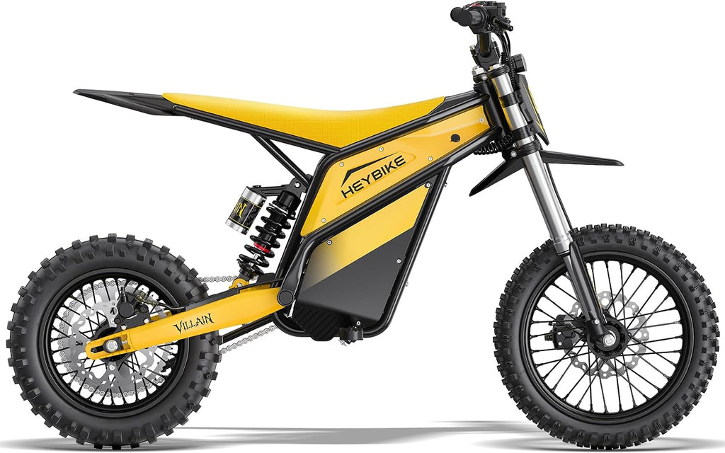 Heybike Villain Electric Dirt Bike with 4160W Motor, 52V 26AH E Dirt Bike, 14/12' Fat Tire Dirtbike with Hydraulic Brakes, Up to 45 MPH & 50 Miles Moped Style Ebike（Standard; Sunflower Yellow）
