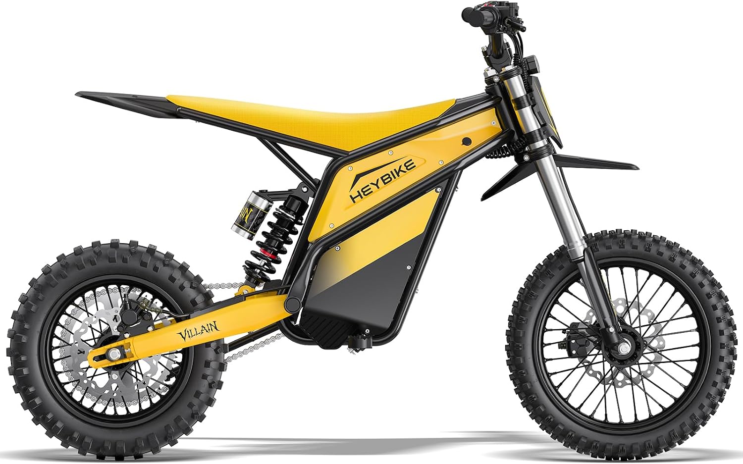 Heybike Villain Electric Dirt Bike with 4160W Motor, 52V 26AH E Dirt Bike, 14/12' Fat Tire Dirtbike with Hydraulic Brakes, Up to 45 MPH & 50 Miles Moped Style Ebike（Standard; Sunflower Yellow）
