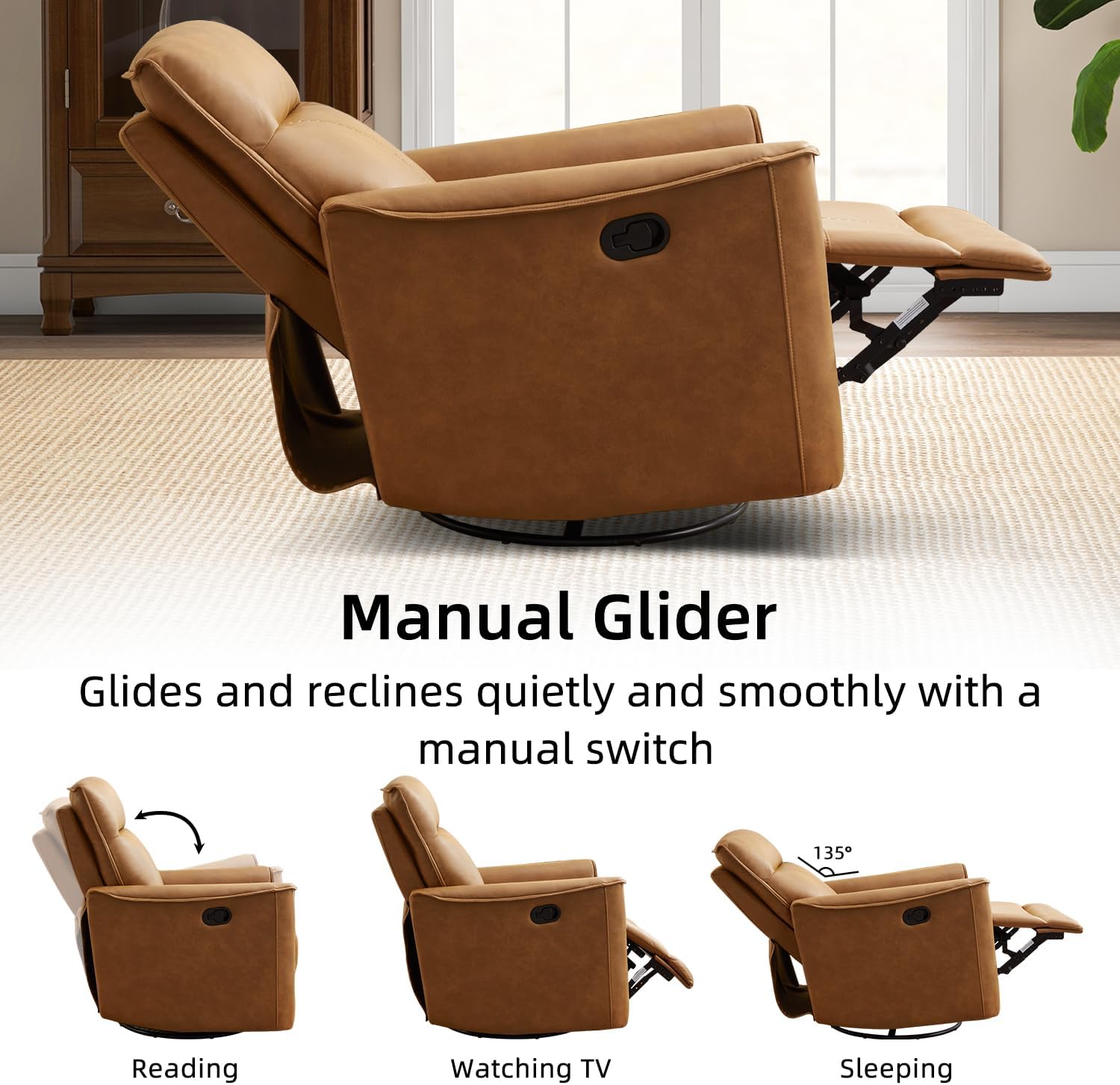 CANMOV Swivel Rocker Recliner Set of 2, Glider Rocking Chair, Nursing Chairs Swivel Glider Recliners with Soft Backrest, Leathaire Manual Reclining Sofa for Living Room Bedroom Apartment, Brown