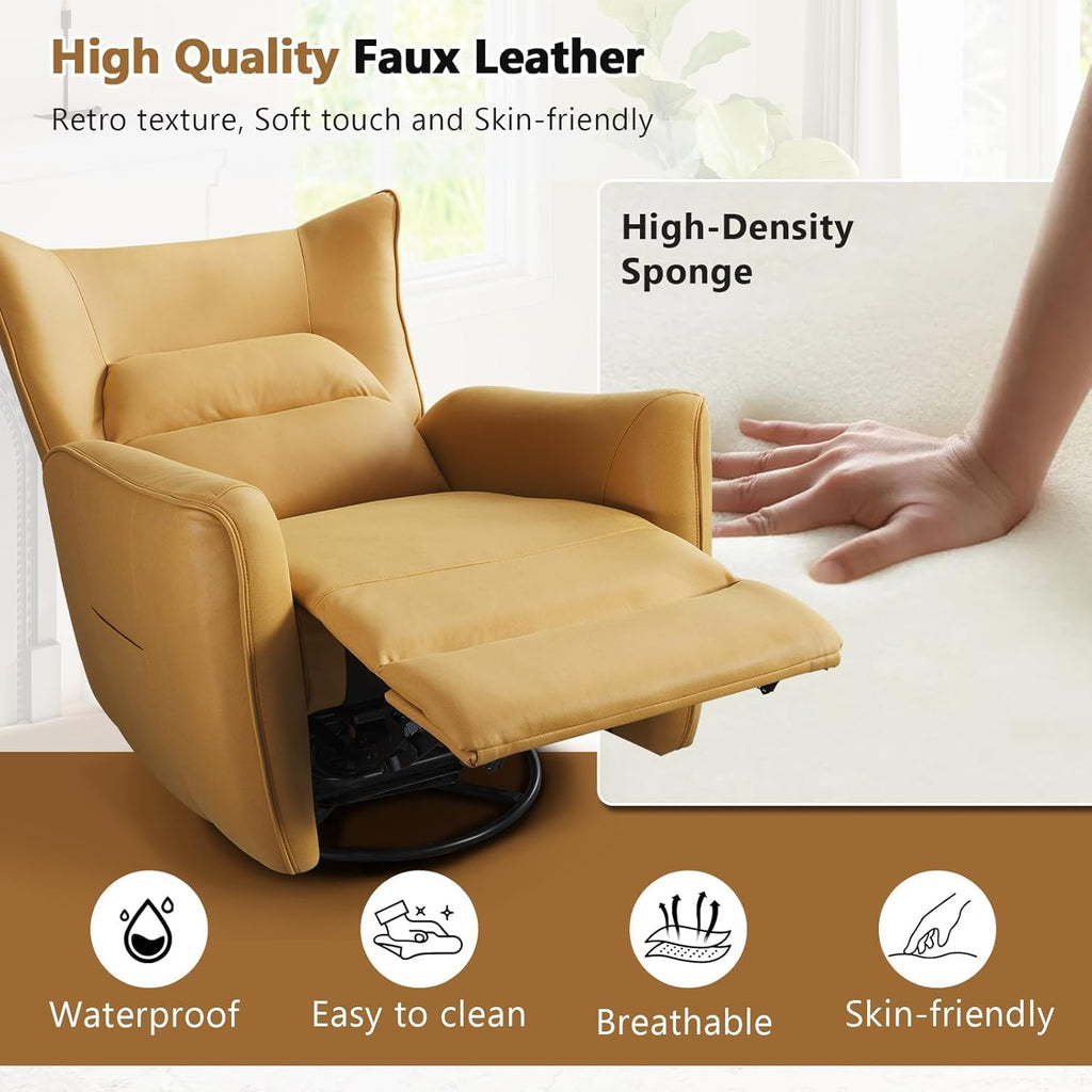 HAOMARKETS Power Swivel Rocker Recliners, Breathable Faux Leather Electric Glider Rocking Recliner Chair for Adults, 270° Swivel Nursery Reclining Sofa with USB Charging Port，Lemon Yellow