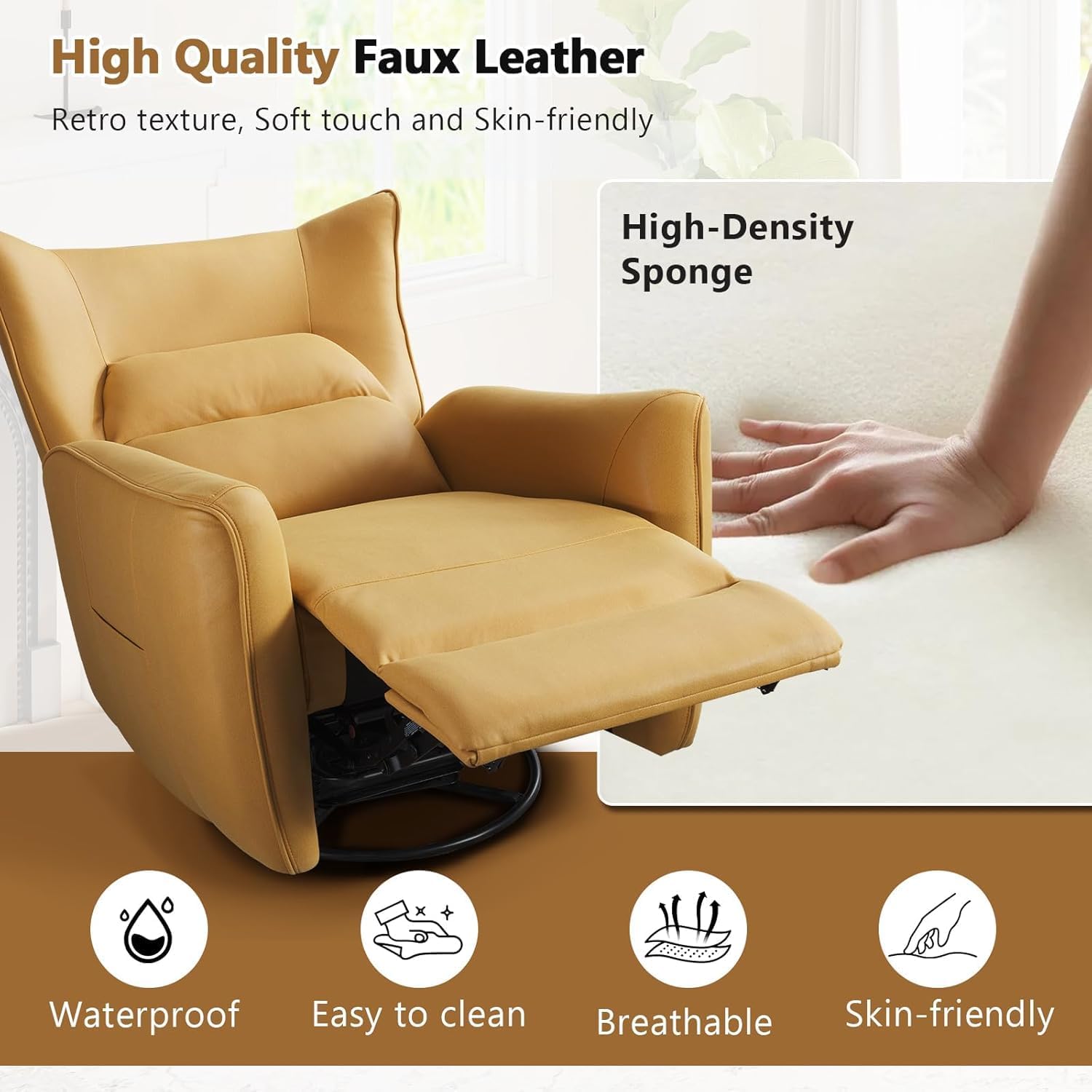 HAOMARKETS Power Swivel Rocker Recliners, Breathable Faux Leather Electric Glider Rocking Recliner Chair for Adults, 270° Swivel Nursery Reclining Sofa with USB Charging Port，Lemon Yellow